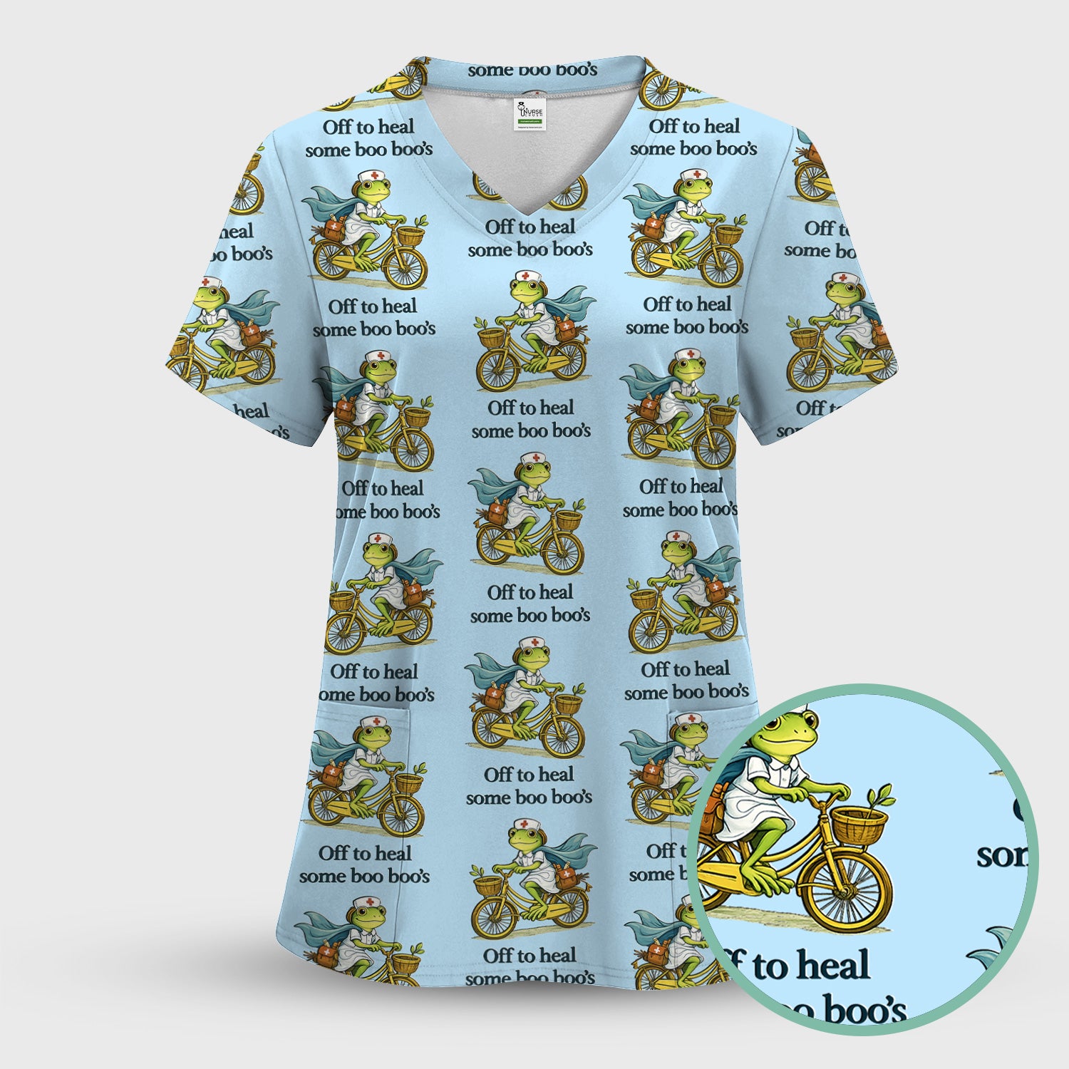 Funny Frog Nurse Cycling Pattern Scrub Top, Comfortable Scrubs for Nurses