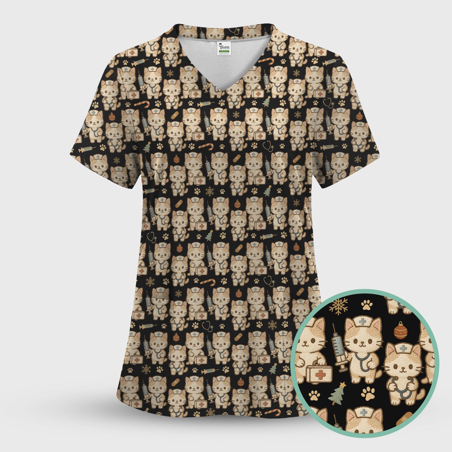 Cute Cat Nurse Christmas Scrub Top, Kawaii Kitty Medical Pattern Shirt, Breathable Fabrics Nursing Uniform