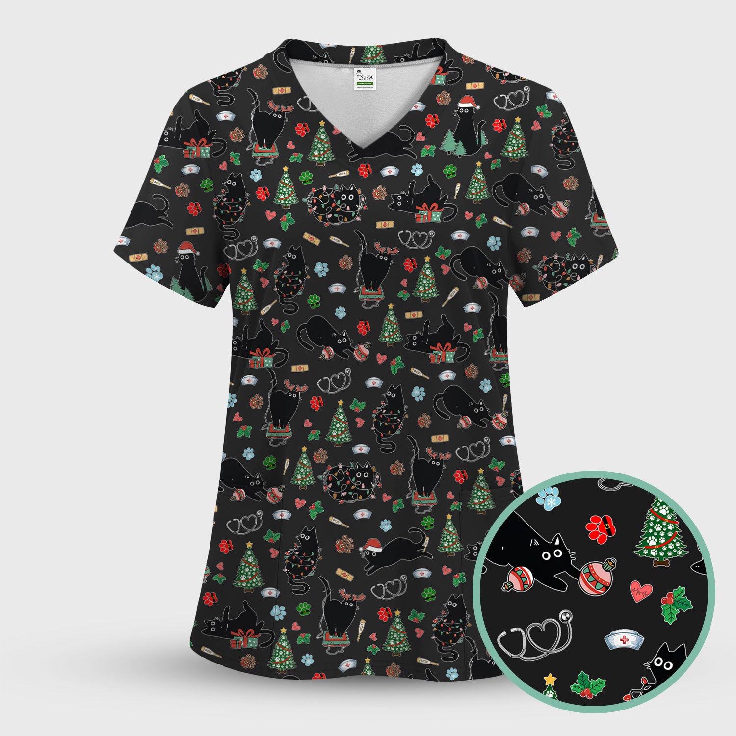 Black Cat Christmas Nurse Scrub Top, Festive Kitty Medical Uniform Shirt for Women