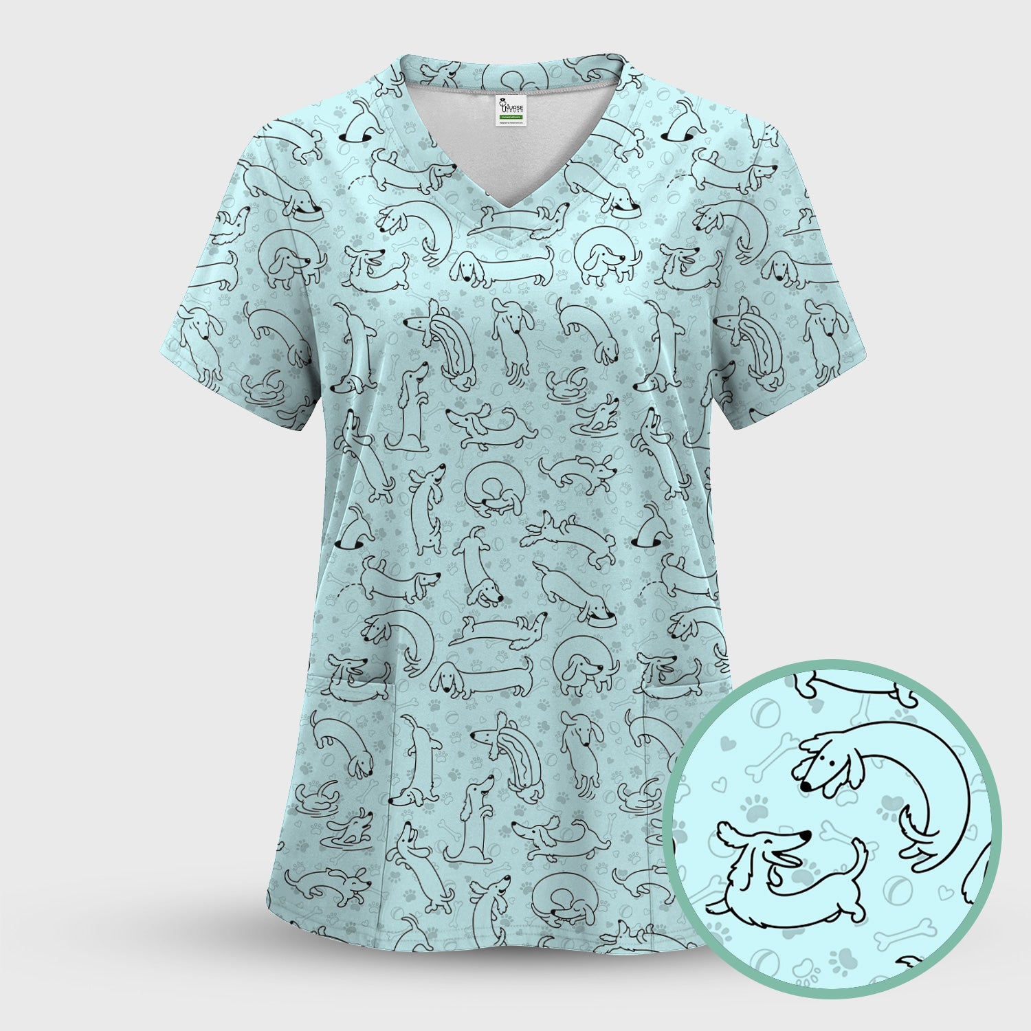 Playful Dachshund Dog Line Art Print Scrub Top, Comfortable Scrubs for Nurses