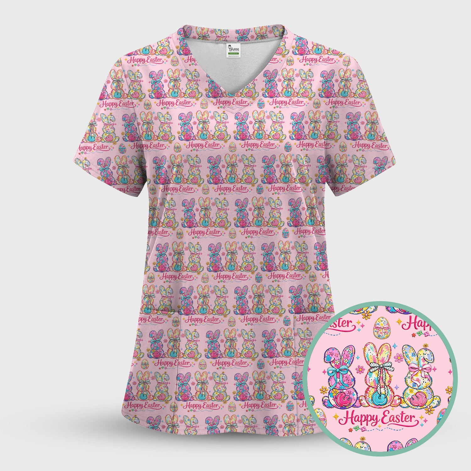 Pink Happy Easter Bunny Pattern Scrub Set, Scrub Pants and V Neck Top