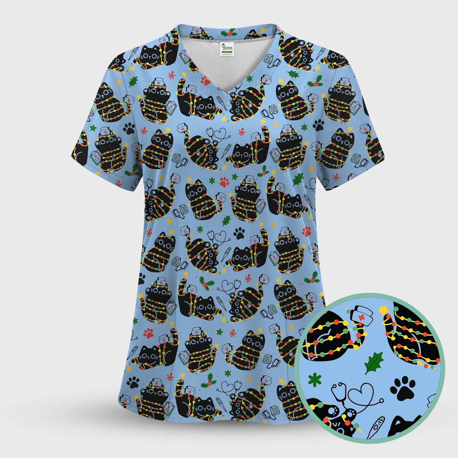 Black Cat Christmas Scrub Top – Nurse & Holiday Lights Pattern Shirt – Cute Medical Uniform For Nursing