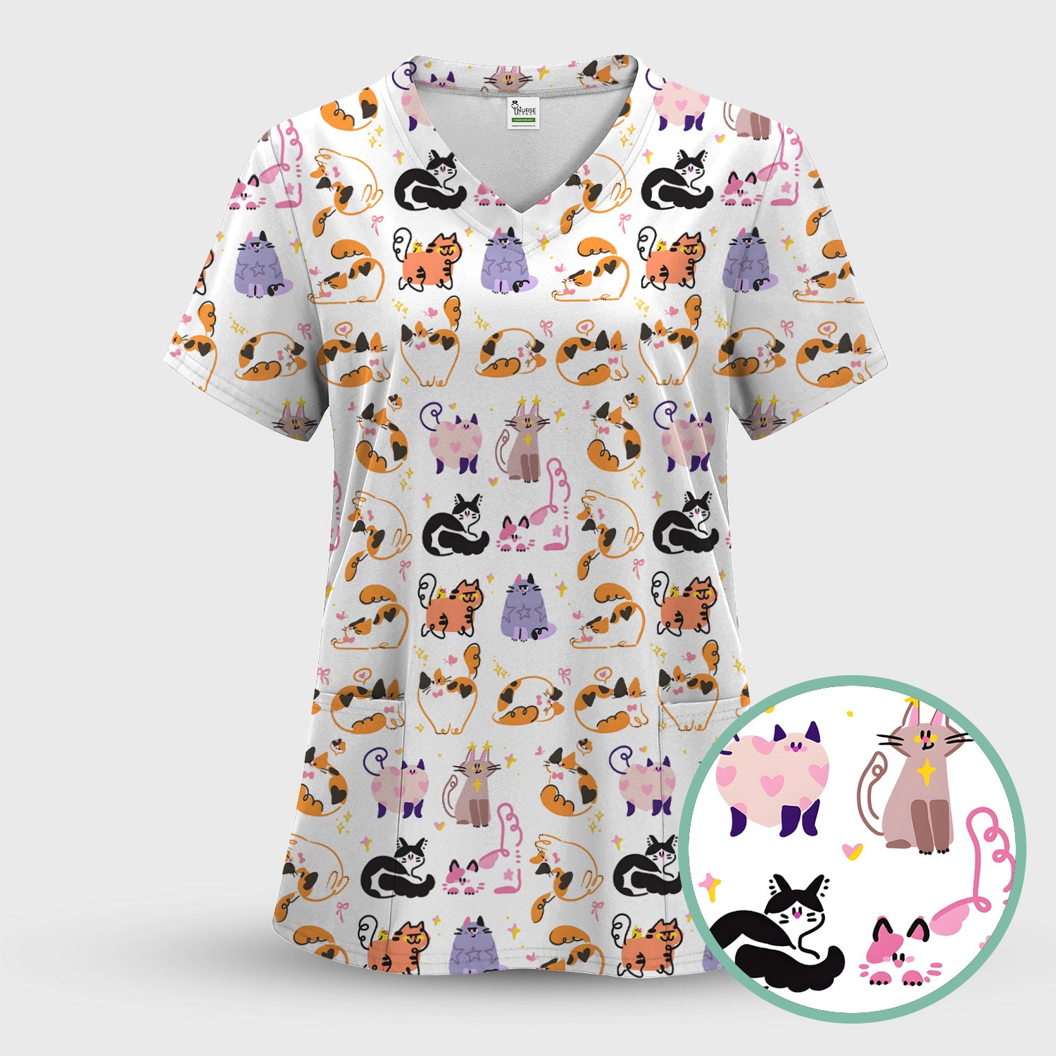 Funny Cat Pattern Scrub Top, Cute Cats Nursing Uniform For Women
