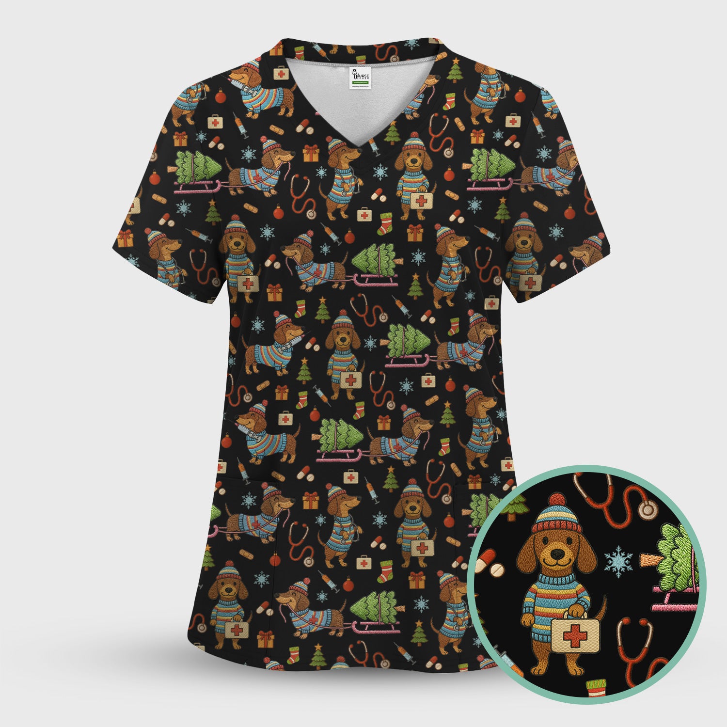 Dachshund Dog Scrub Set For Nurse, Funny Wiener Dog Lover Gift, Cute Dog 3D Knit Pattern Shirt