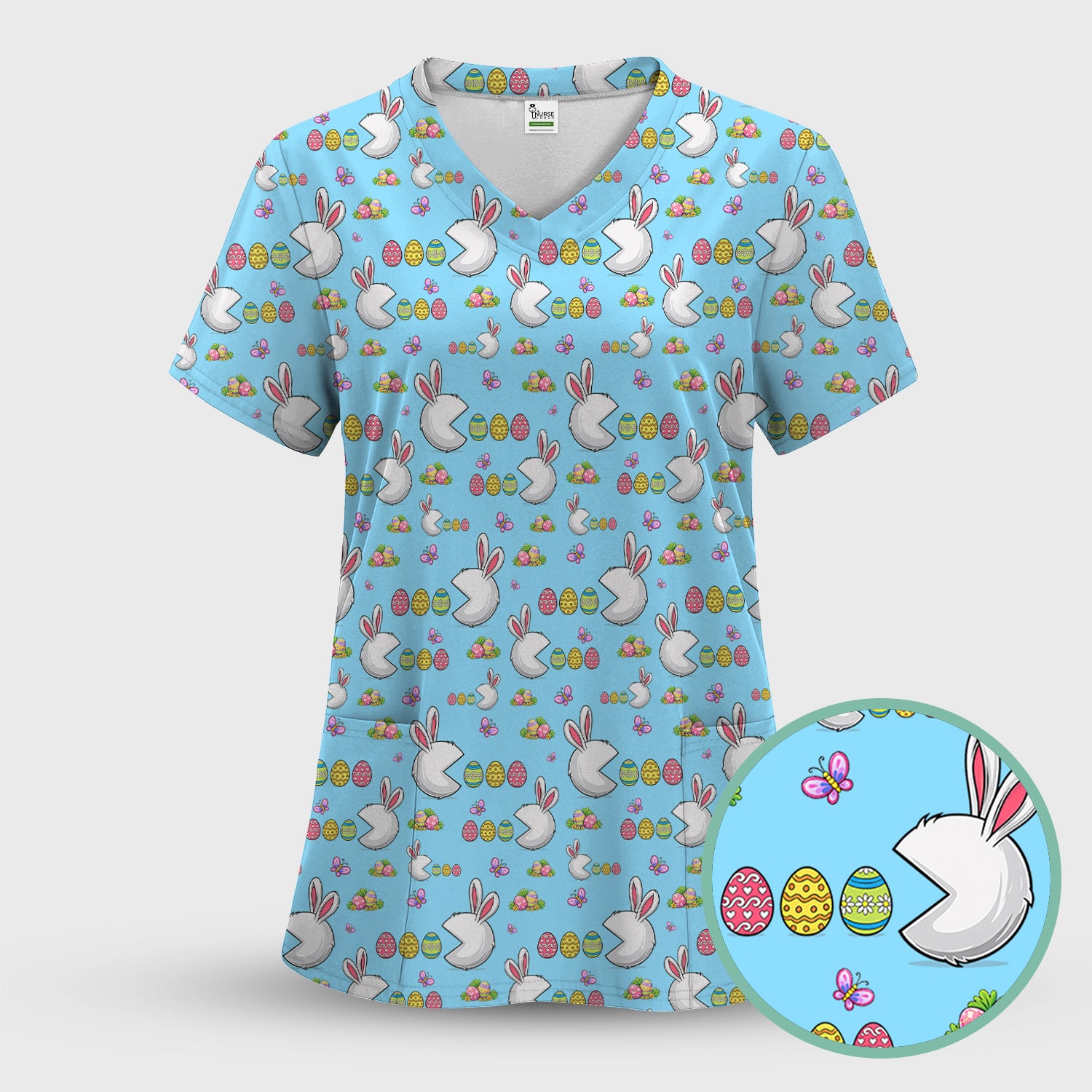 Easter Bunny and Colorful Eggs Print Scrub Top, Breathable Fabrics Nursing Uniform