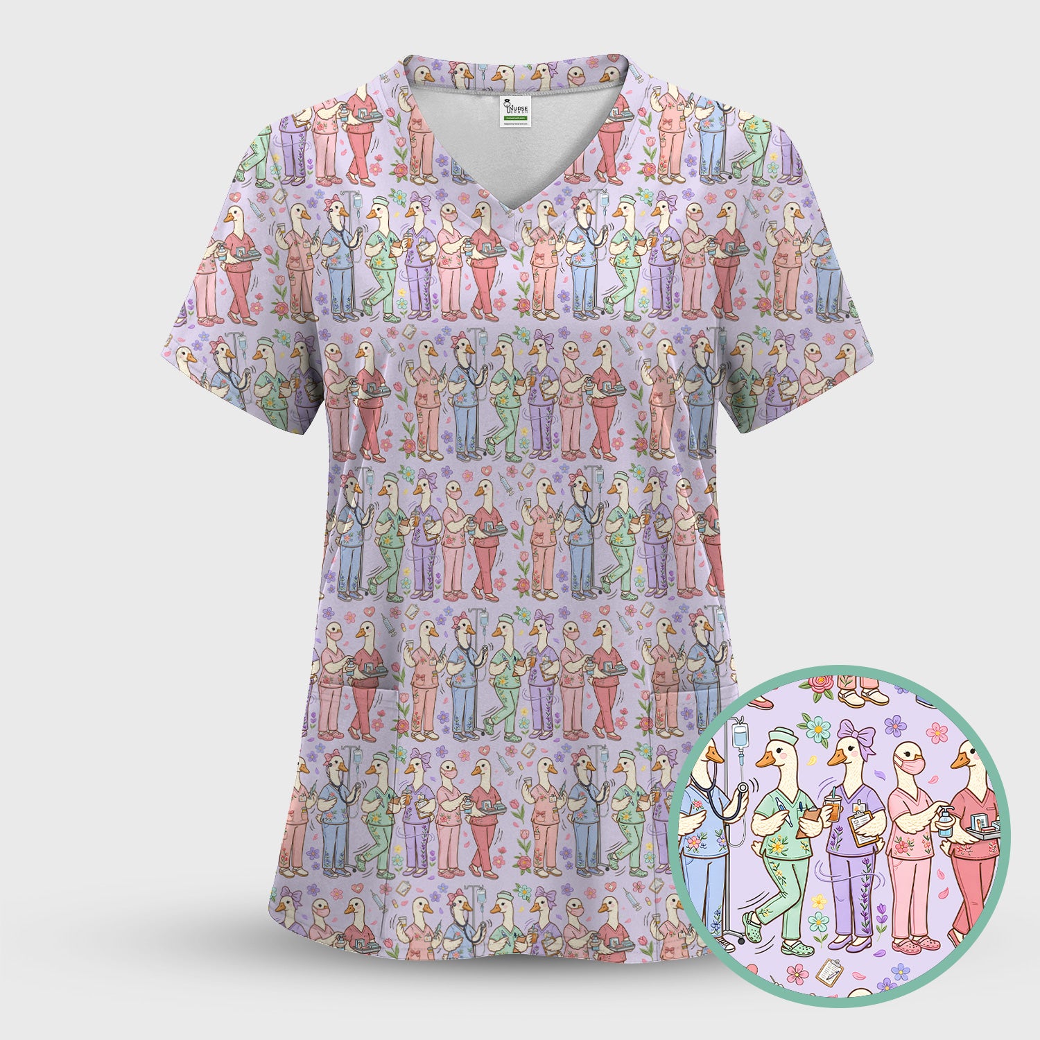 Goose Characters Floral Medical Team Uniform Pattern Scrub Top, Breathable Fabrics Nursing Uniform
