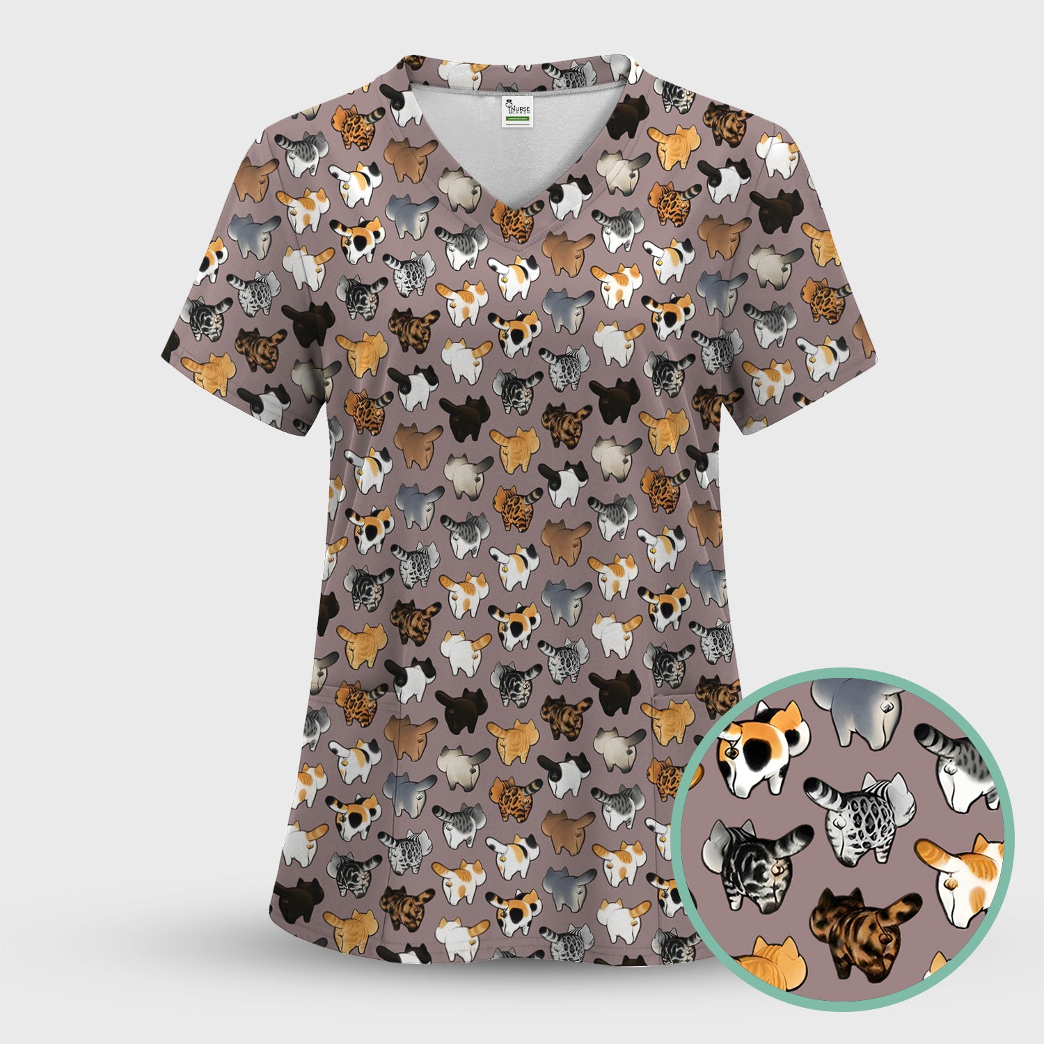 Cat Butt Pattern Medical Scrub Top, Breathable Fabrics Nursing Uniform