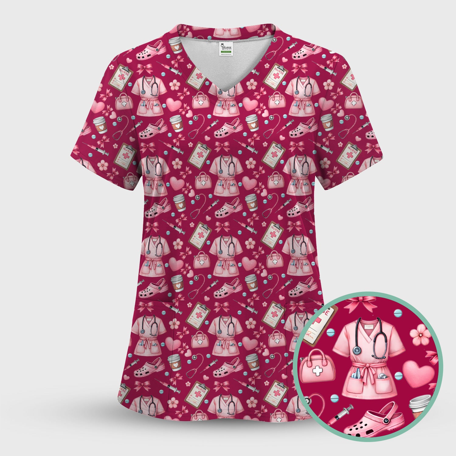 Valentine Pink Nurse Icons Print Scrub Top, Comfortable Scrubs for Nurses