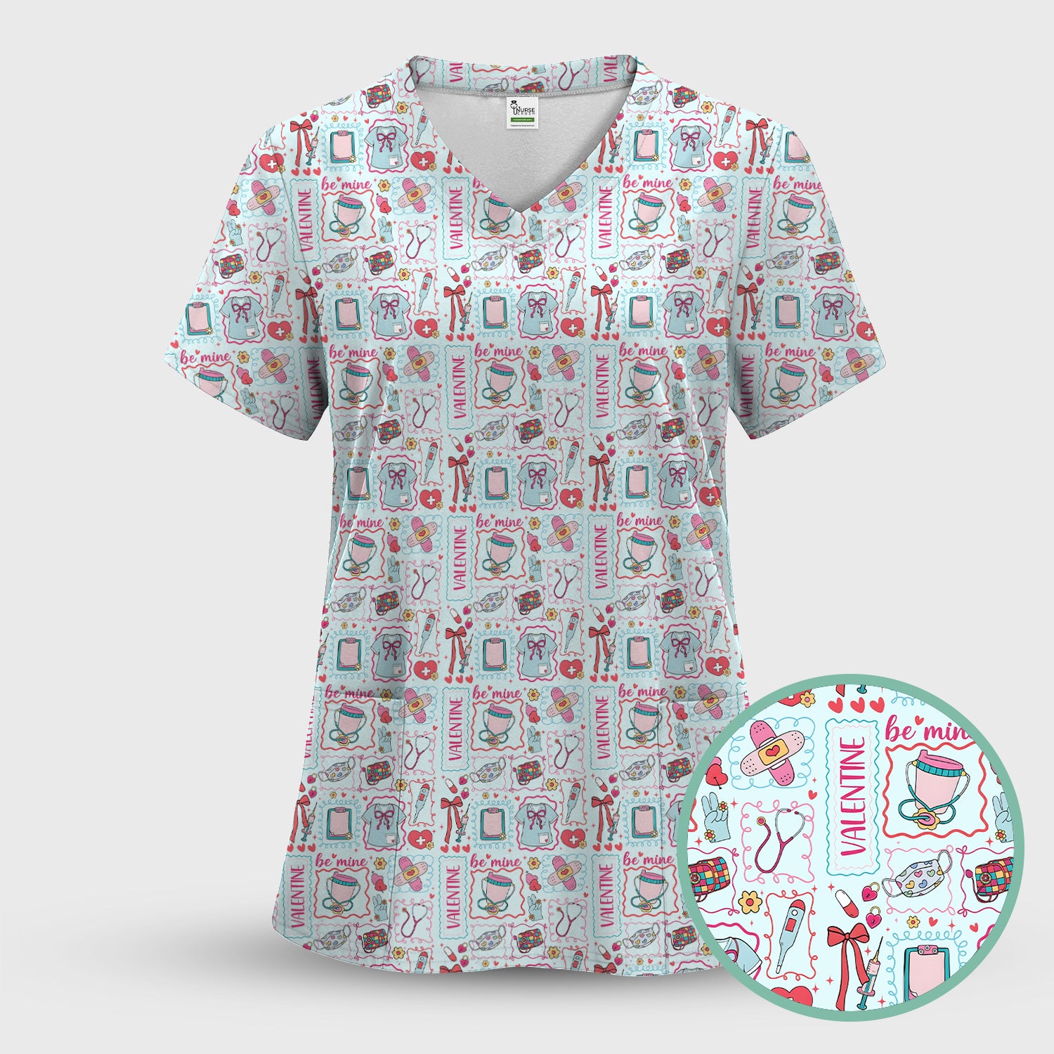 Valentine Medical Hearts Bandages Syringes Scrub Top, Comfortable Scrubs for Nurses
