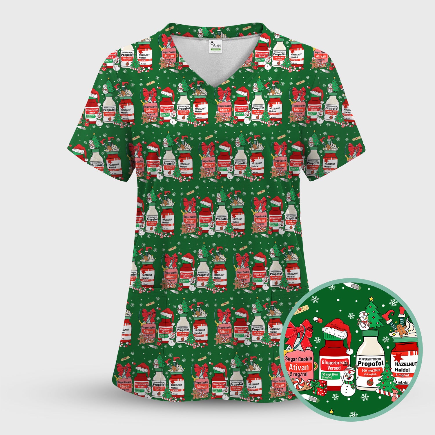 Funny Christmas Medication Scrub Top – Festive Holiday Pharma Bottles Pattern – Playful Medical Uniform for Nurses, Pharmacists & Healthcare Workers