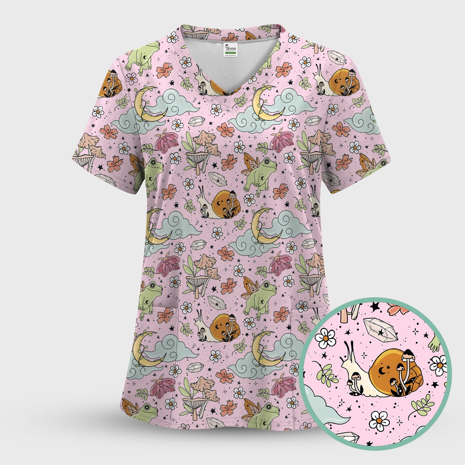 Whimsical Frog Moon Mushroom Pattern Scrub Top, Fantasy Nature Print, Breathable Fabrics Nursing Uniform