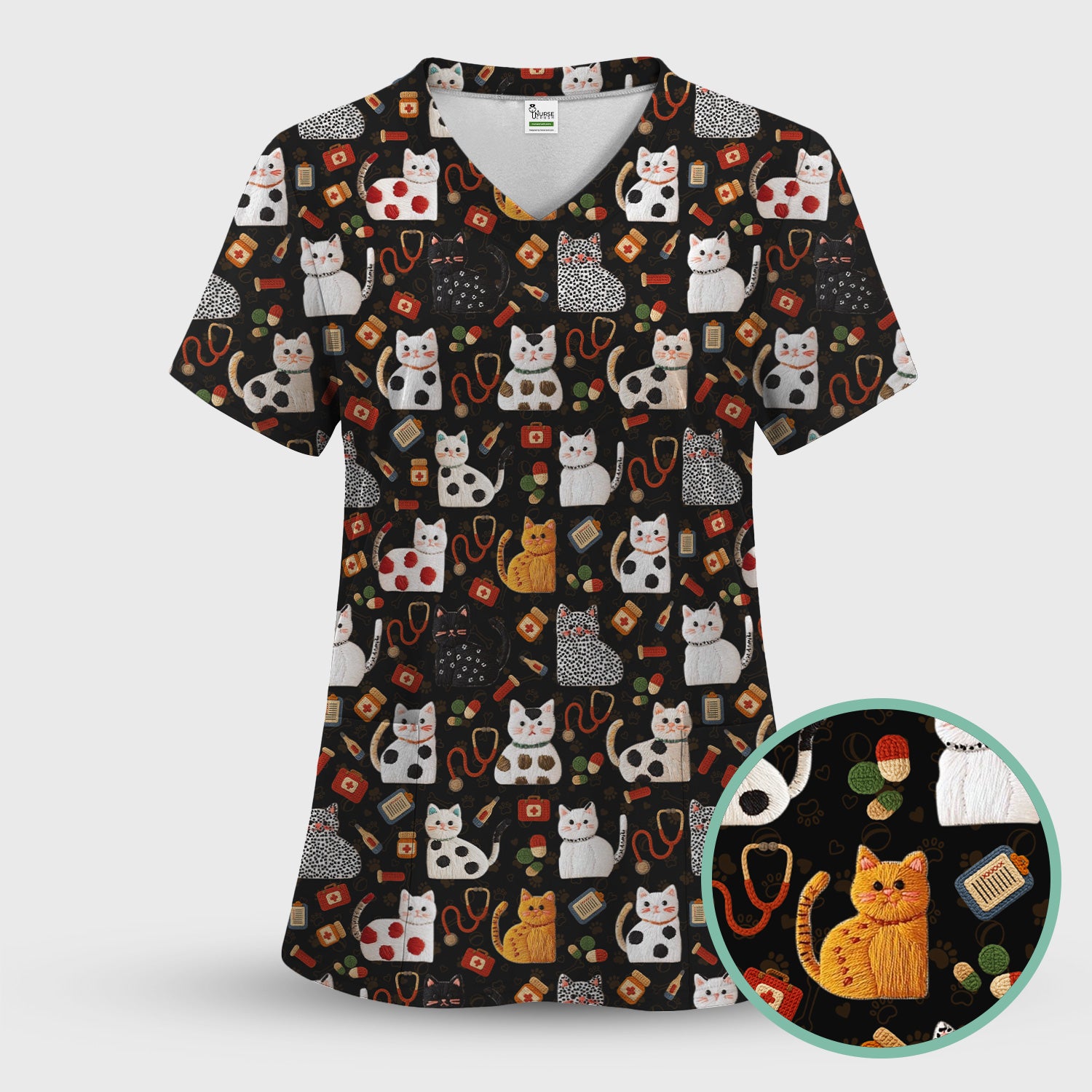 Cute Cat Scrub Top – Funny Veterinary Pattern Medical Shirt – Pet Lover Uniform For RN, LPN, CNA, and Vet Staff