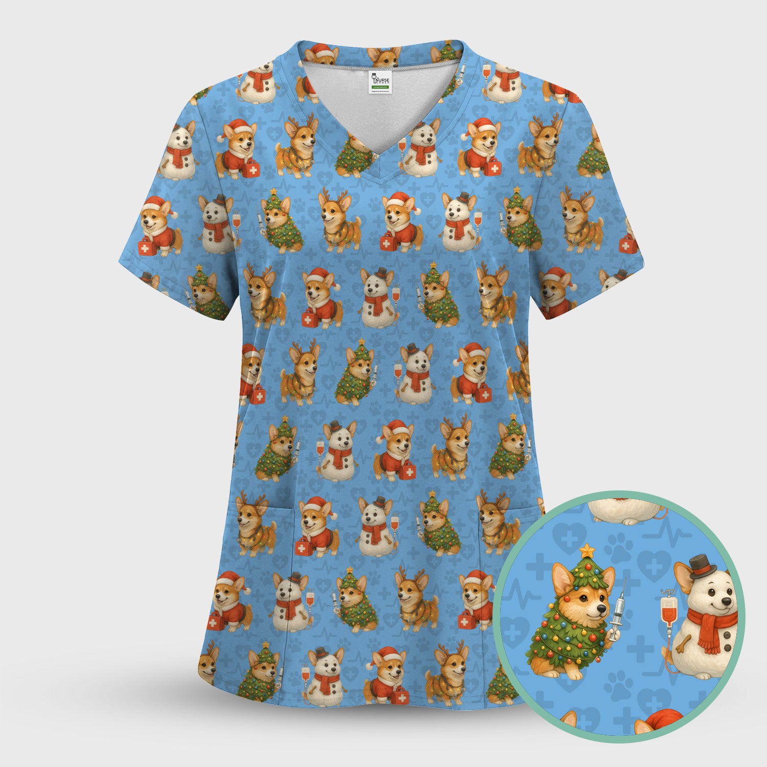Christmas Scrubs for Women - Cute Corgi Pattern Scrub Top for Nurses - Holiday Corgi Christmas Scrubs Gift Idea