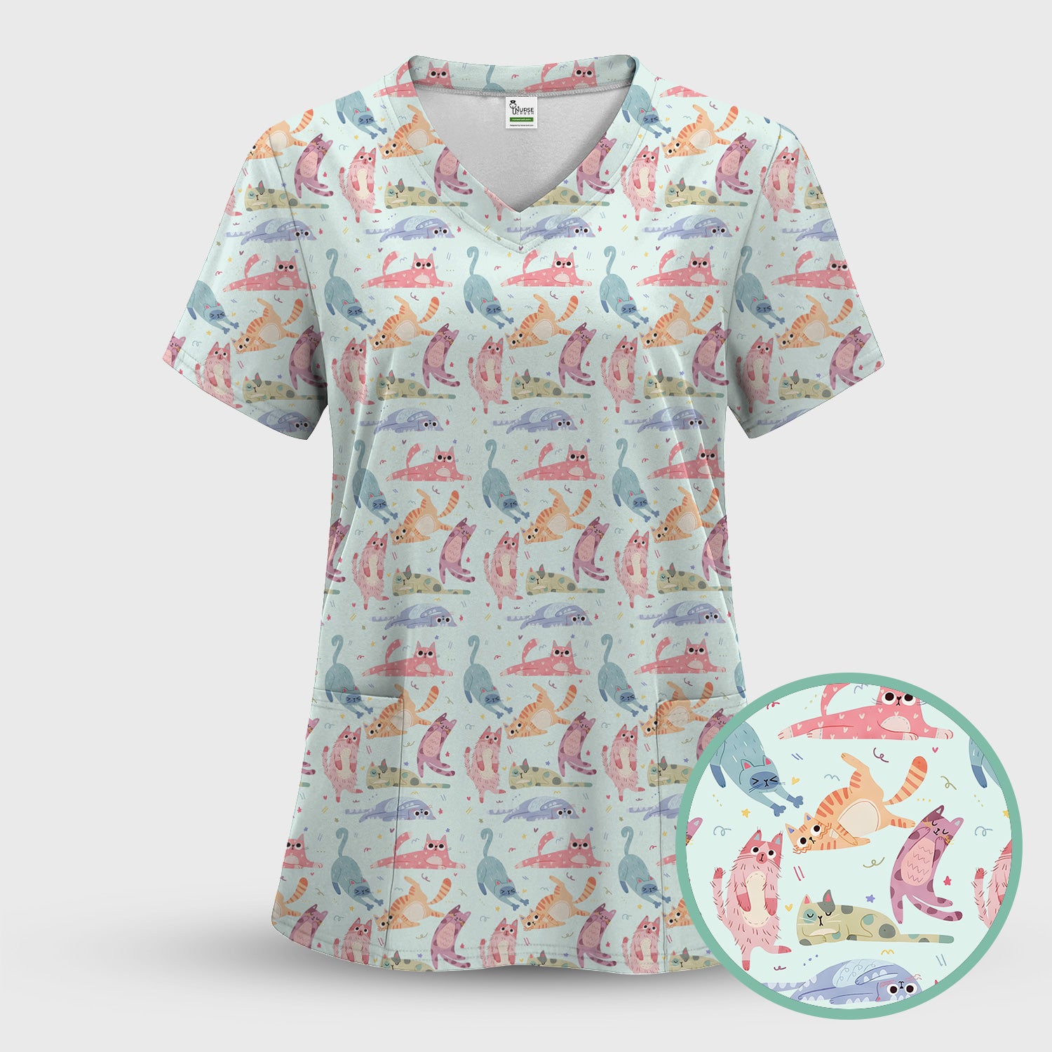 Funny Pastel Cat Pattern Medical Scrub Top, Breathable Fabrics Nursing Uniform