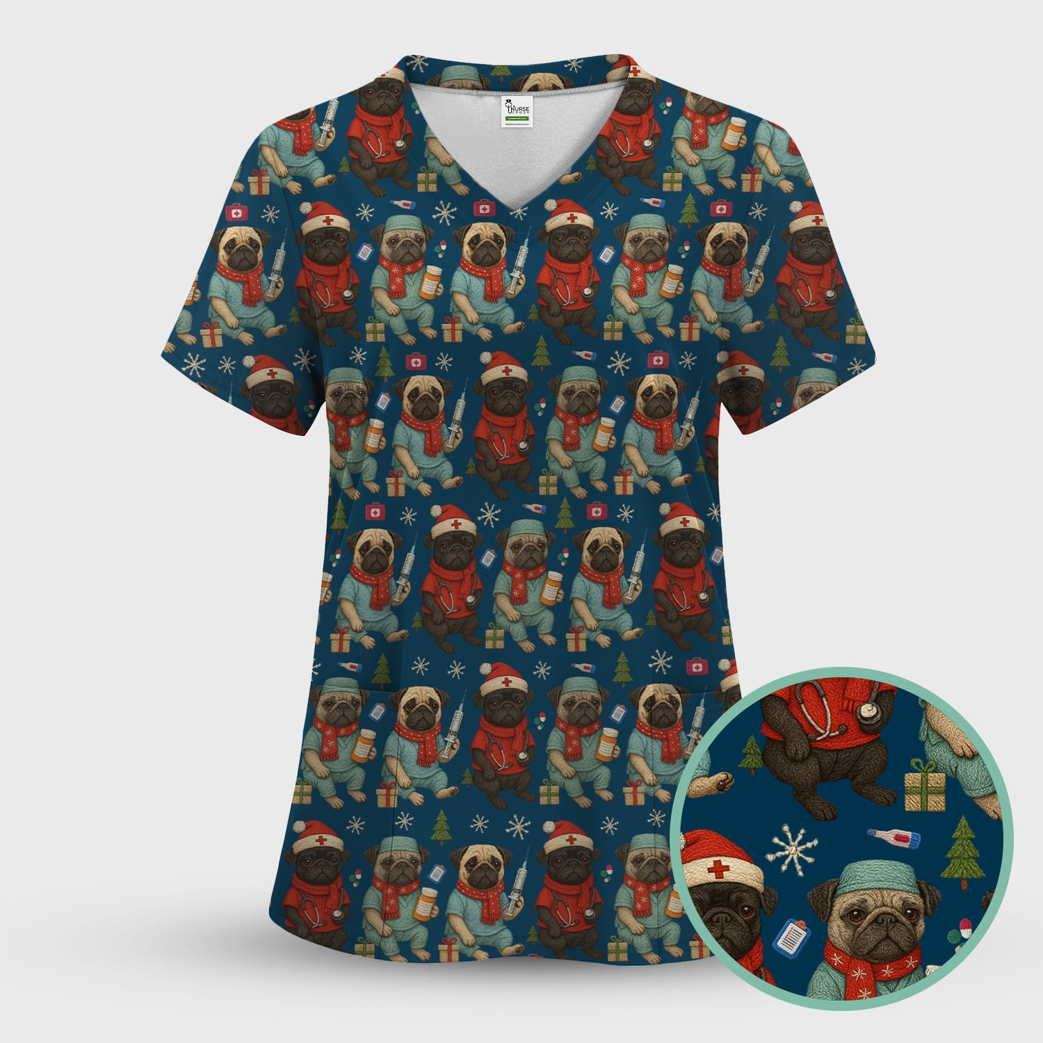 Christmas Pug Nurse Scrub Top, Cute Holiday Dog Medical Uniform Shirt For Nursing