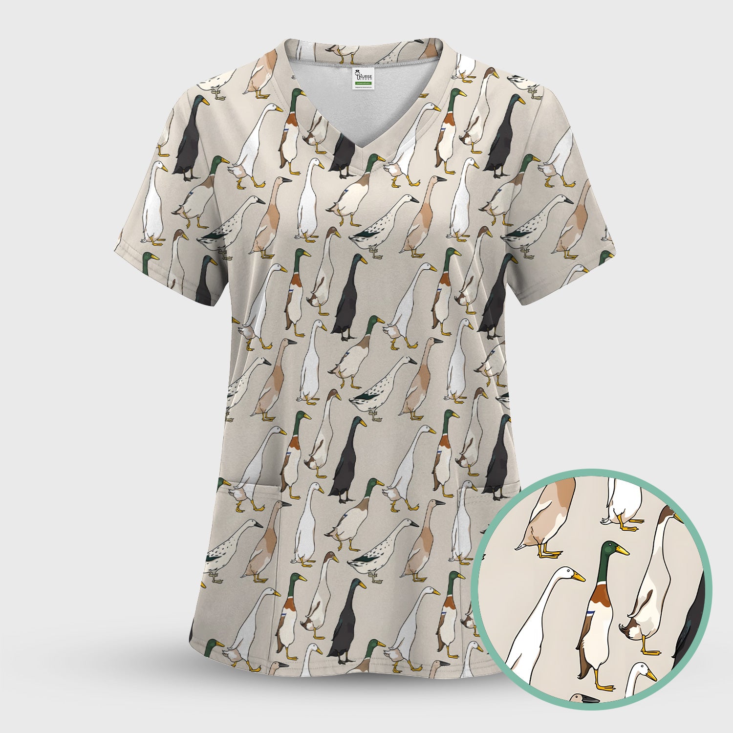 Duck Farm Animal Pattern Scrub Top Scrub Top, Breathable Fabrics Nursing Uniform