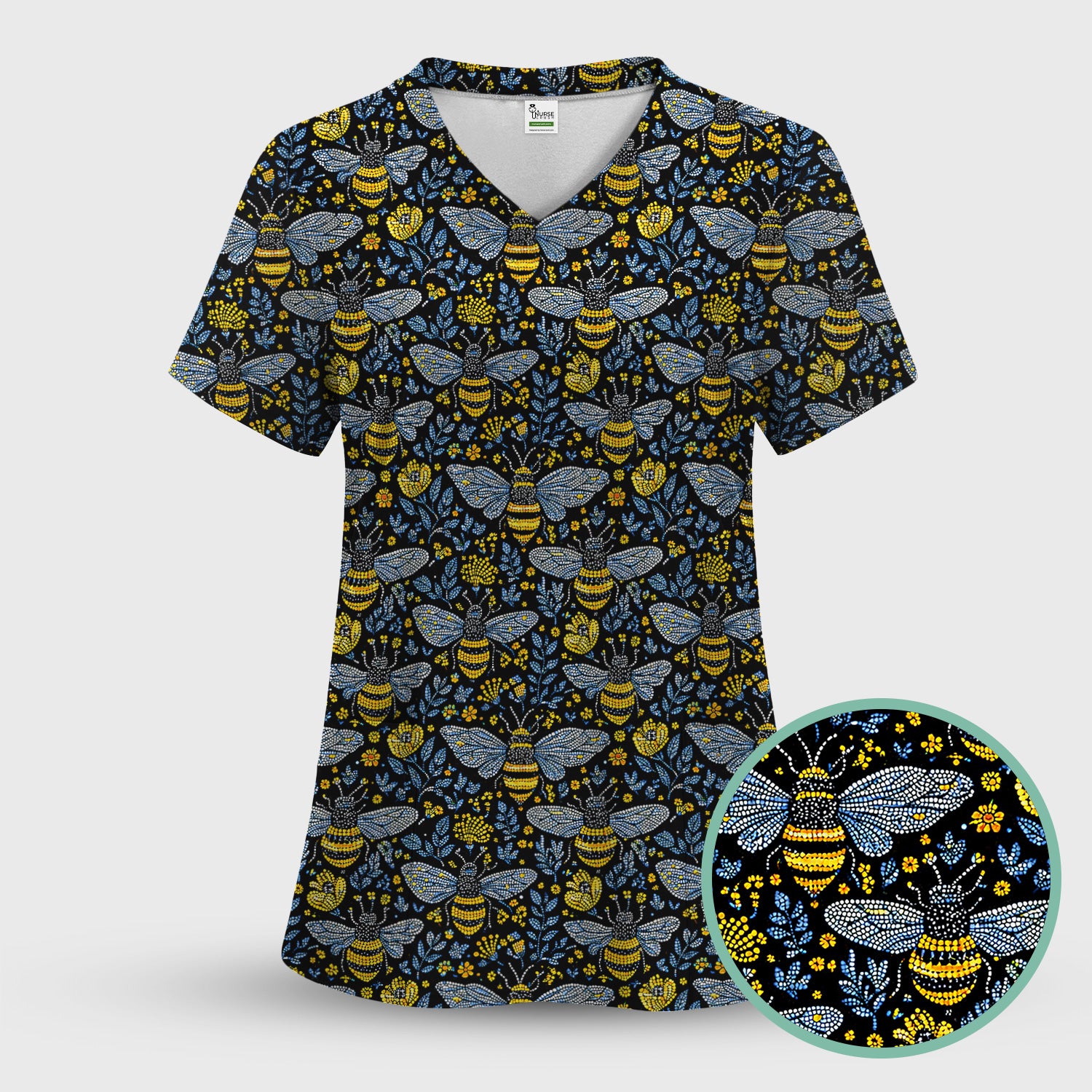 Honey Bee And Wildflower Garden Pattern Scrub Set, Scrub Pants and V Neck Top
