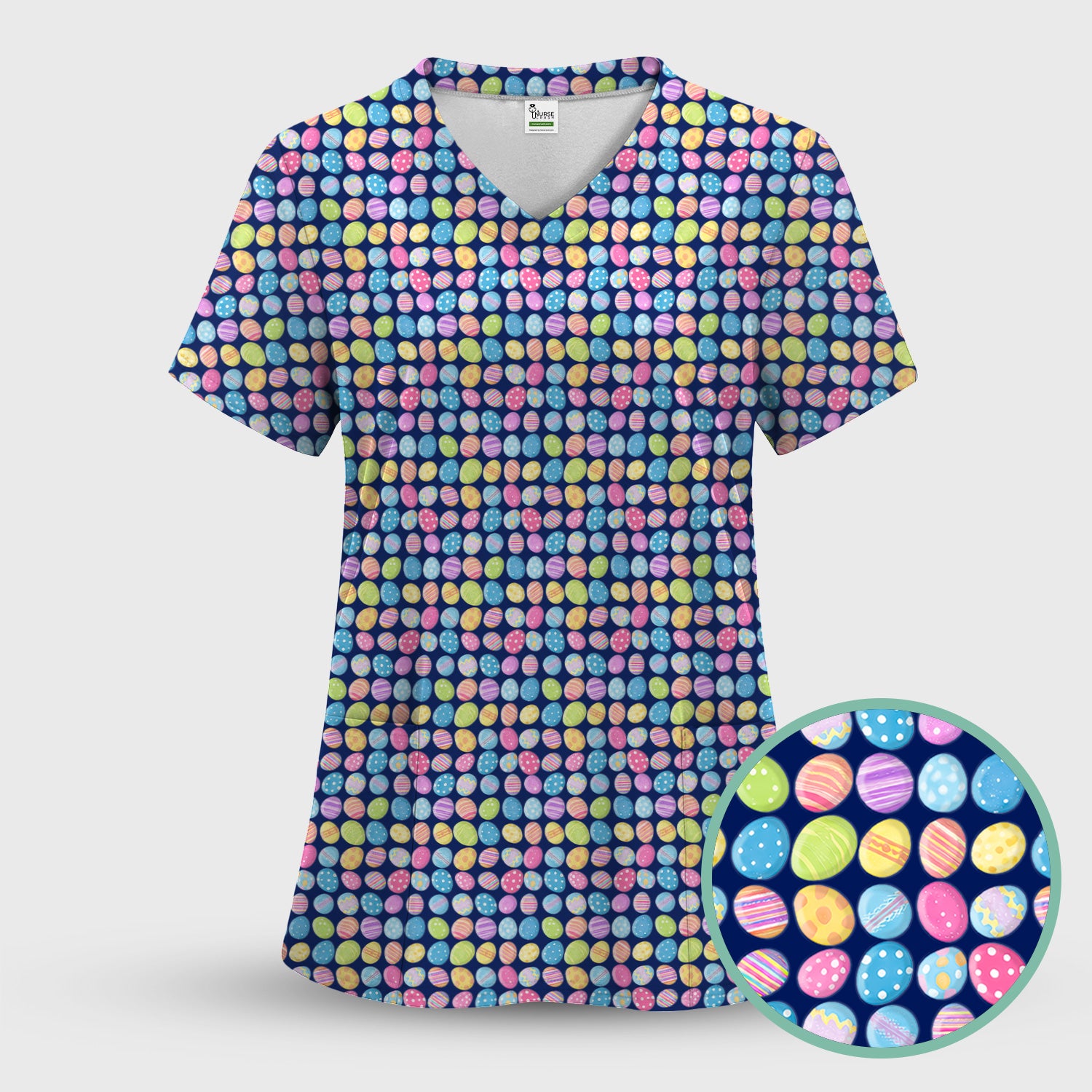 Colorful Easter Eggs Pattern Scrub Top, Comfortable Scrubs for Nurses