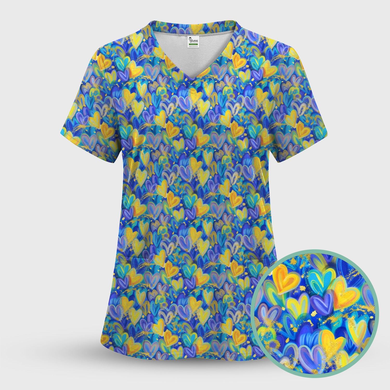 Blue and Yellow Layered Heart Gold Splatter Print Scrub Top, Artistic Scrubs for Nurses