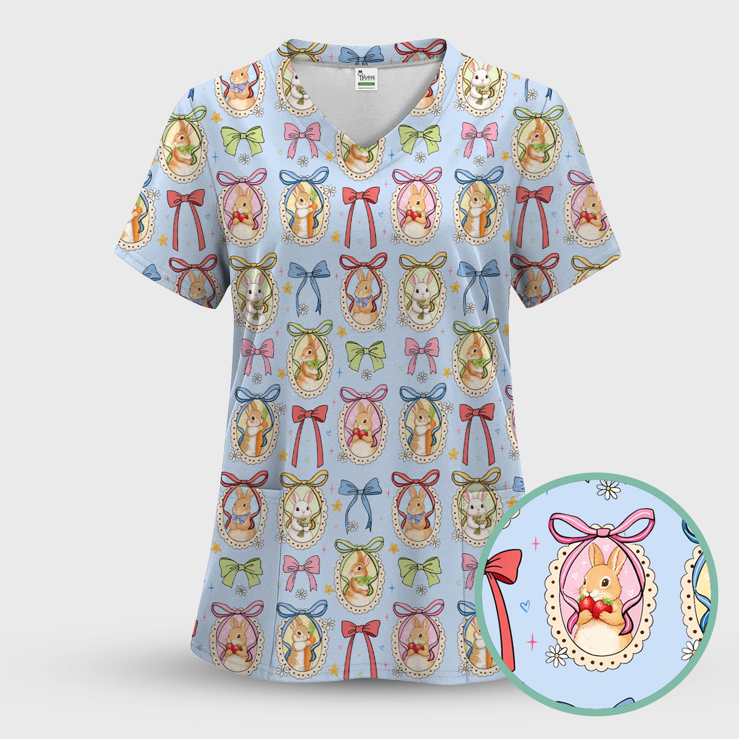 Cute Easter Bunny Cameo Colorful Bow Pattern Scrub Top, Breathable Fabrics Nursing Uniform