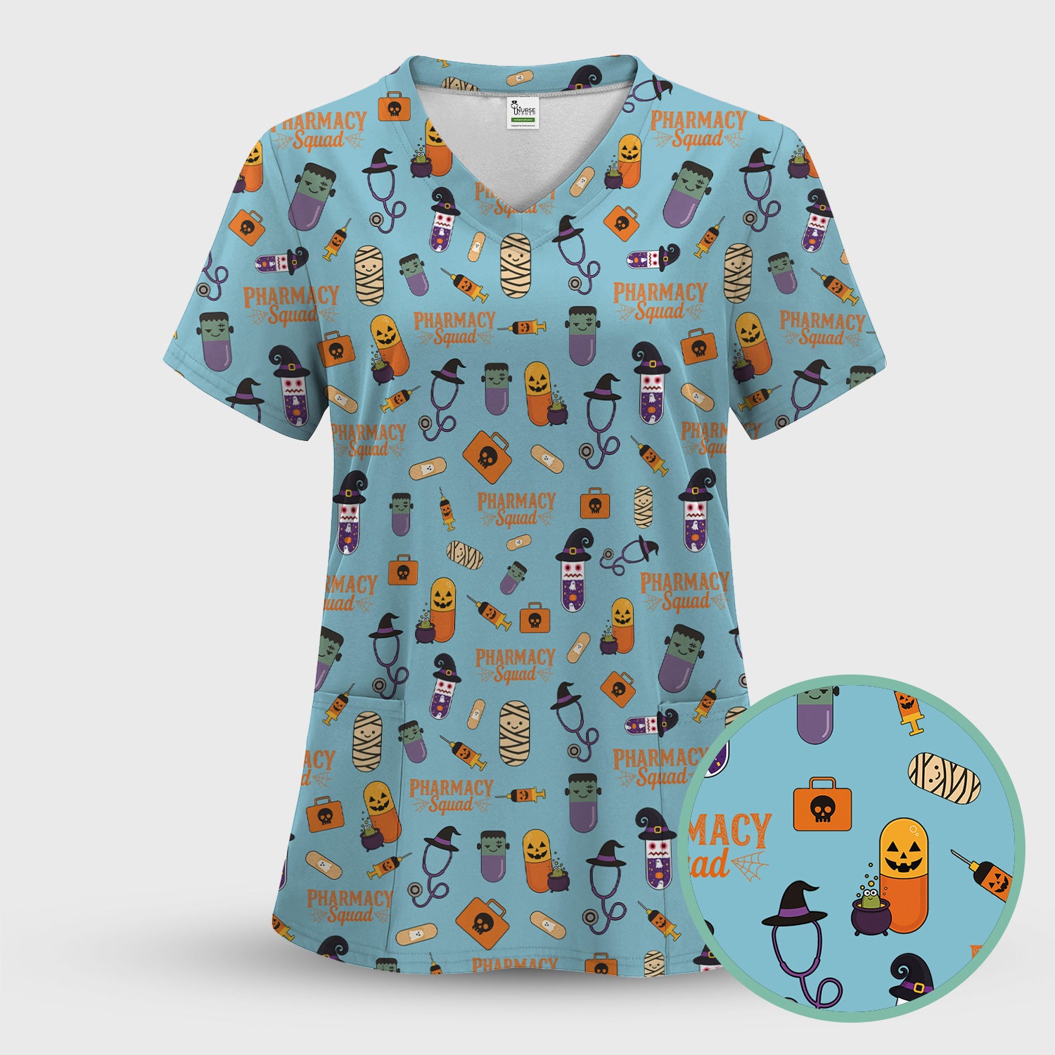Halloween Pharmacy Squad Scrub Top - Funny Medical Pattern Scrubs for Women - Cute Halloween Pill and Witch Print Shirt for Pharmacists