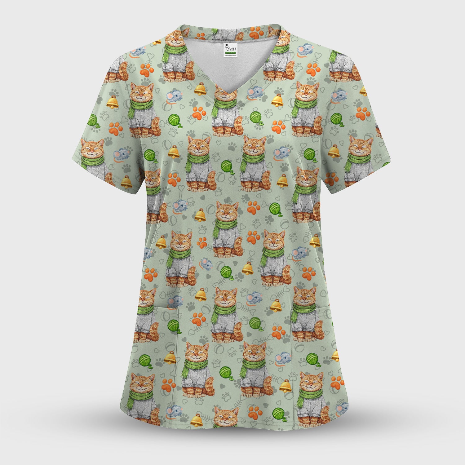 Adorable Cat Lover Nurse Scrub Top, Cute Cat Medical Pattern Shirt, Breathable Fabrics Nursing Uniform