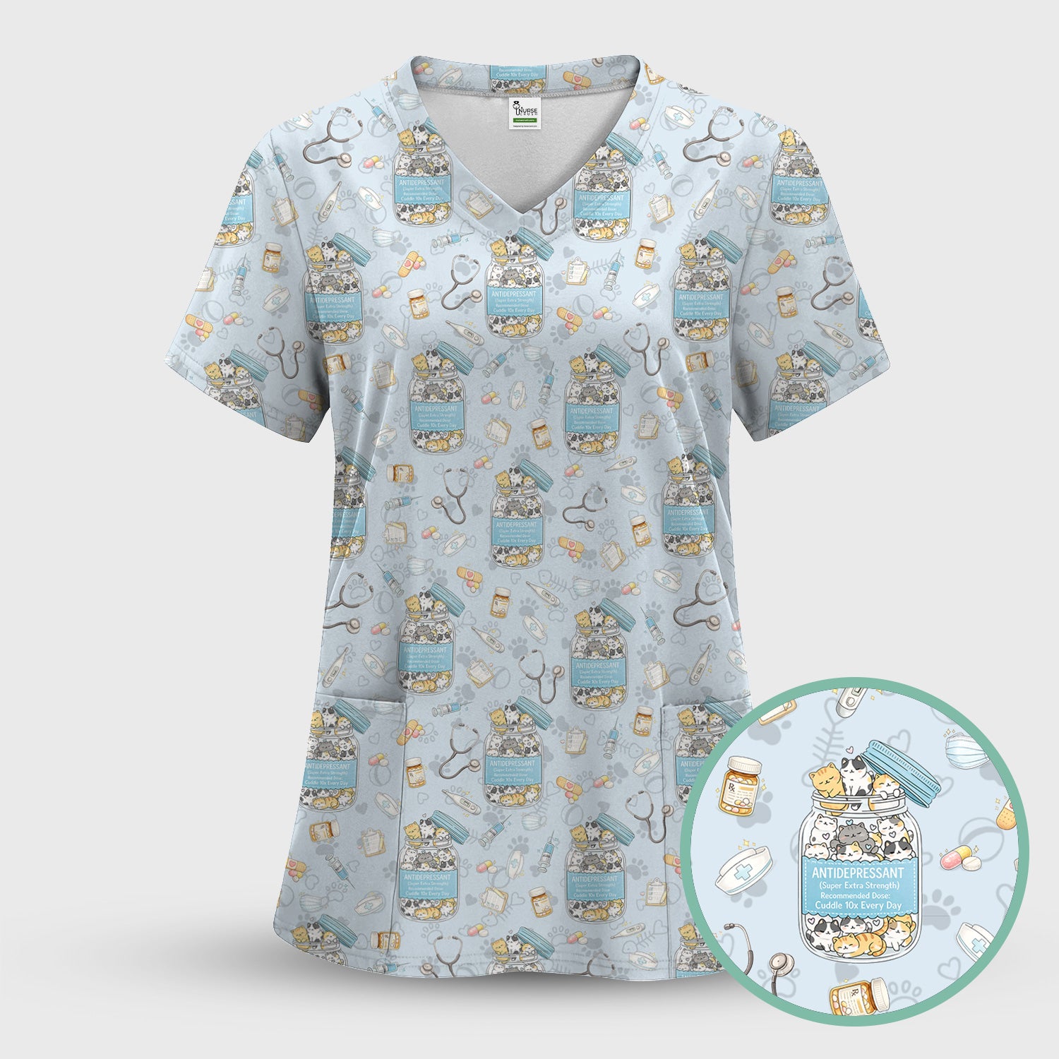 Cute Antidepressant Cat Jar Print Nurse Scrub Top, Breathable Fabrics Nursing Uniform