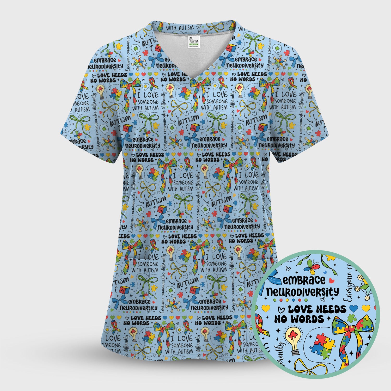 Autism Awareness Puzzle Ribbon Pattern Scrub Set, Scrub Pants and V Neck Top