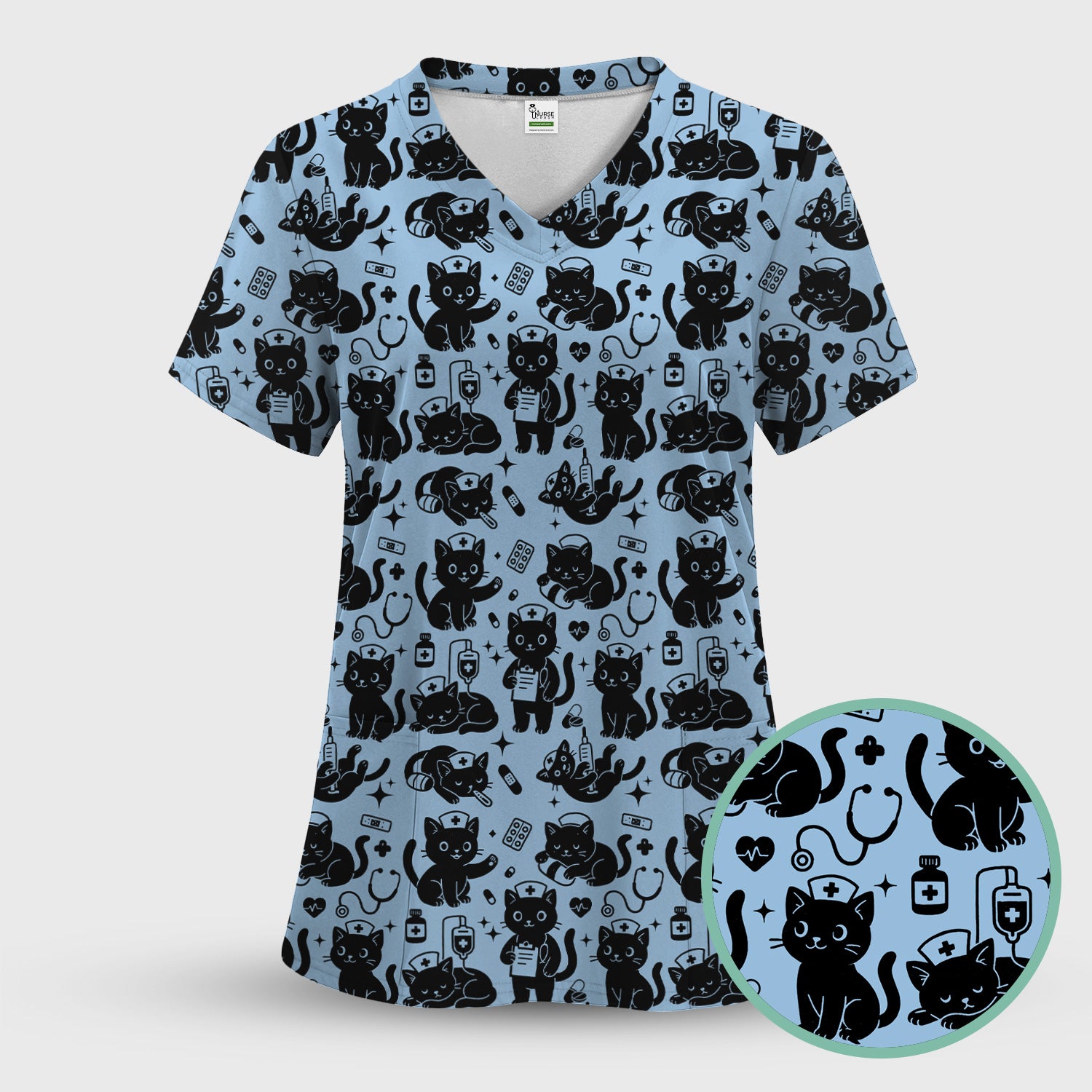 Cute Black Cat Nurse Pattern Scrub Top, Breathable Fabrics Nursing Uniform