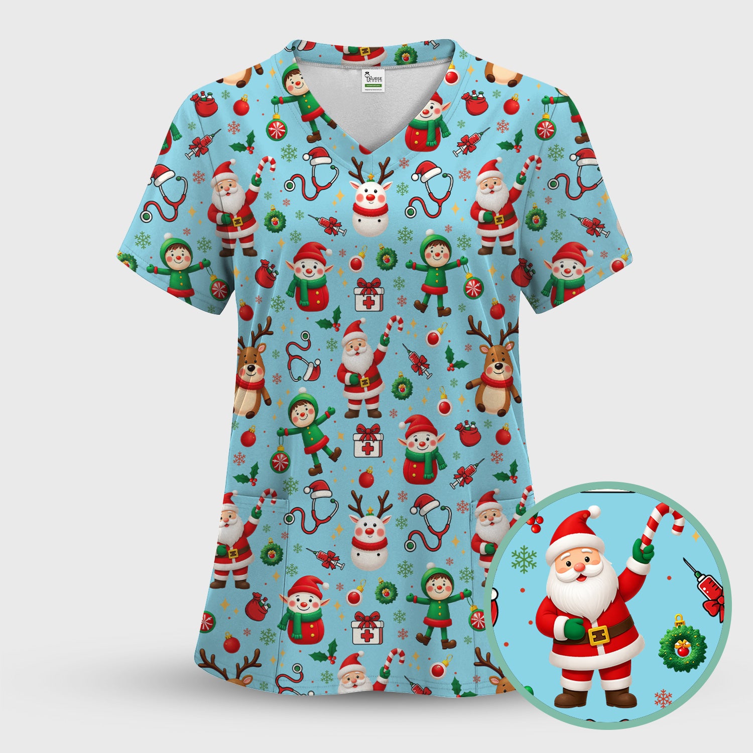 Santa Christmas Scrub Set - Cute Reindeer Scrubs Pants and V Neck Top - Festive Holiday Med Uniform for Women