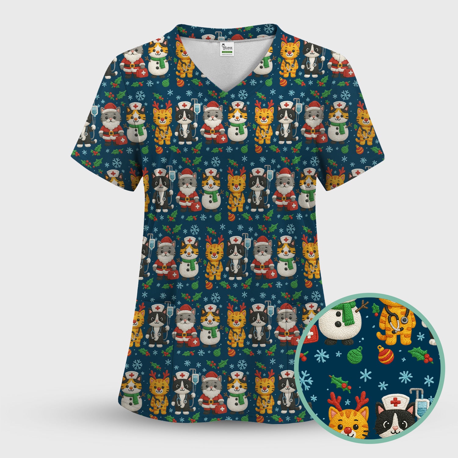 Christmas Cat Nurse Pattern Scrub Top, Cute Holiday Kitty Medical Uniform Shirt For Nursing
