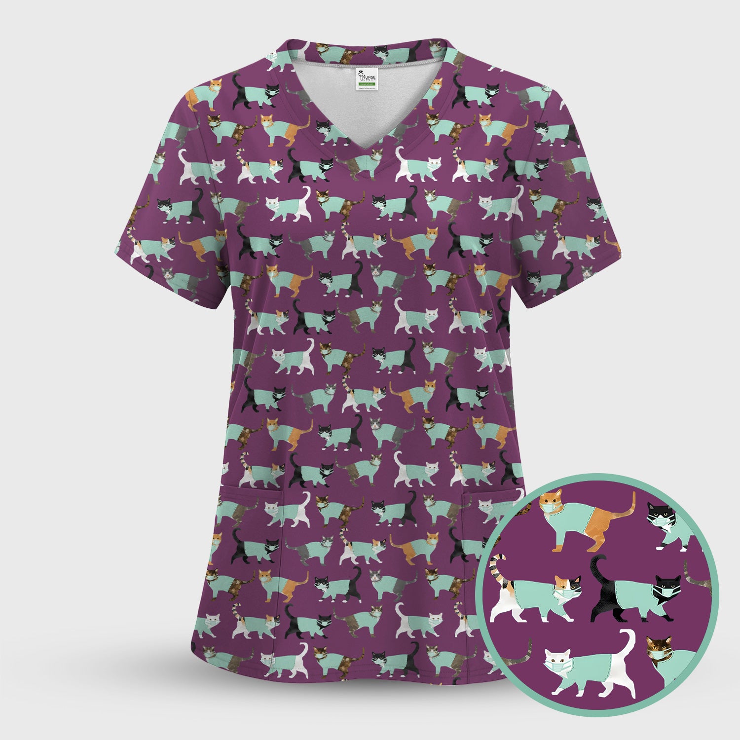 Playful Cat Nurse All Over Print Scrub Set, Scrub Pants and V Neck Top