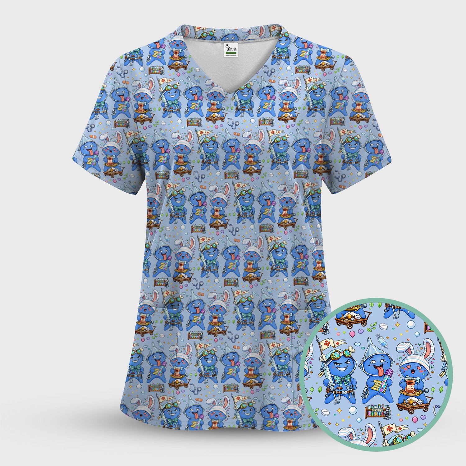 Cute Glove Doll Hospital Medical Cartoon Nurse Pattern Scrub Set, Women's Scrub Sets