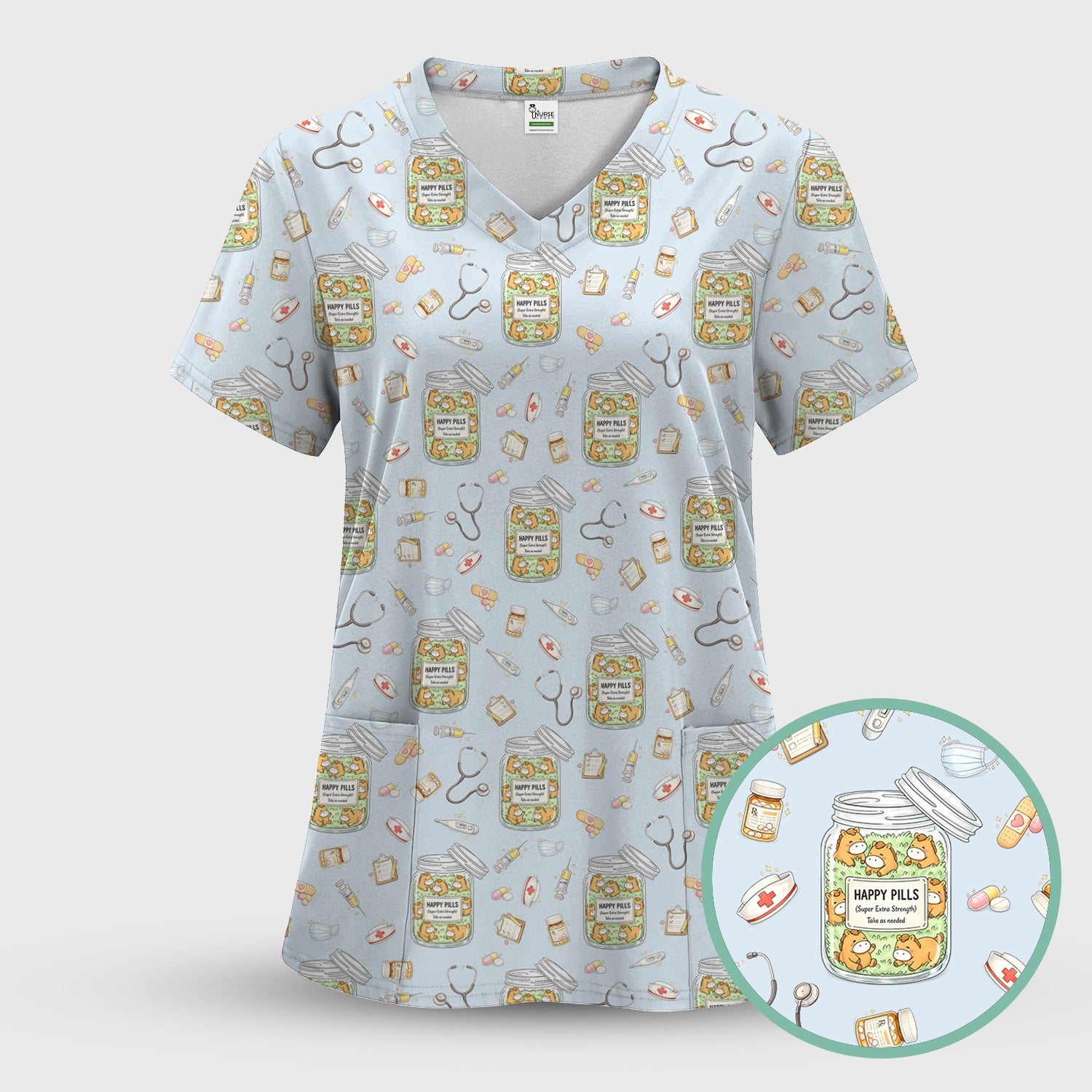 Happy Pills Horse Medical Print Nurse Scrub Top, Comfortable Scrubs for Nurses