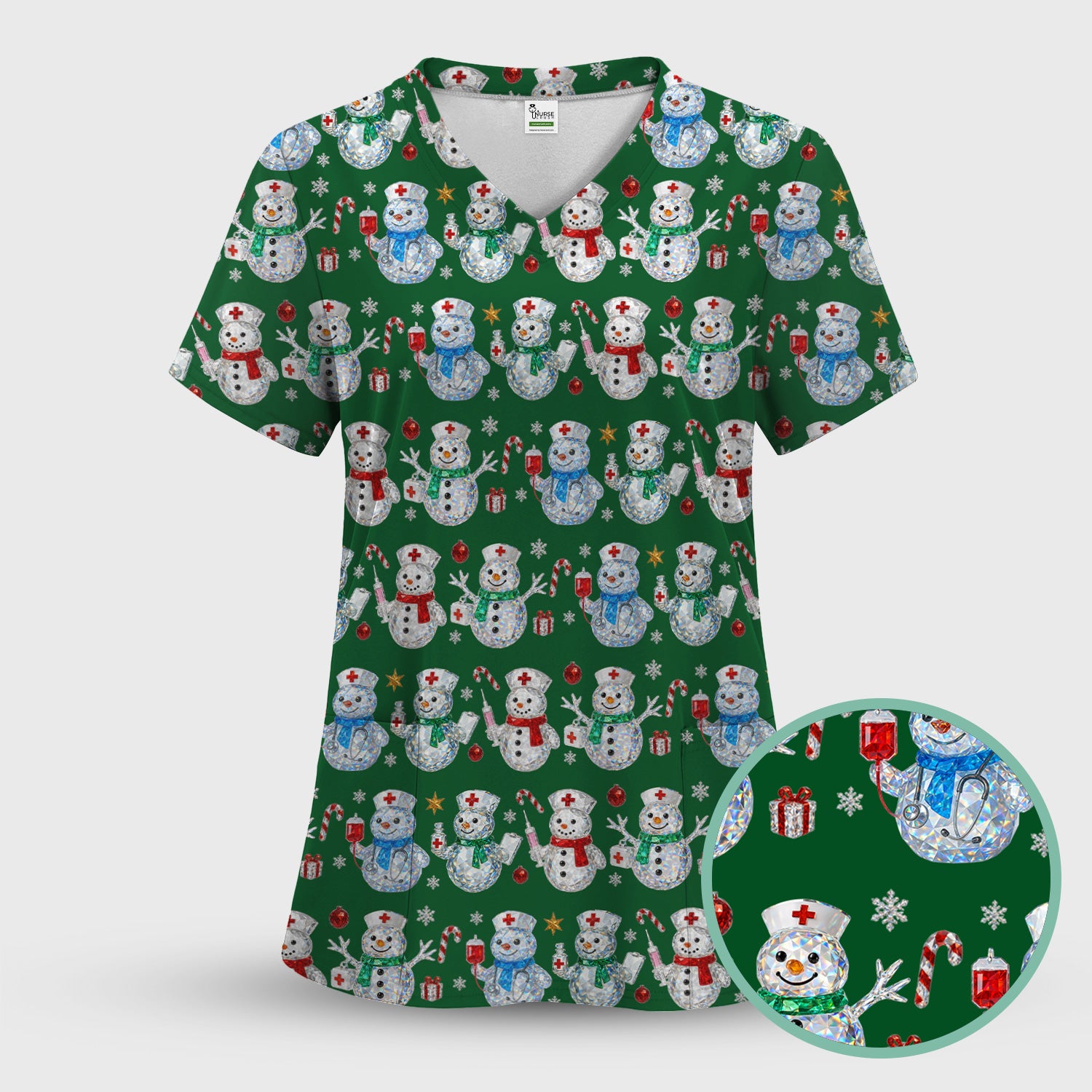 Nurse Snowman Christmas Scrub Top, Cute Holiday Medical Pattern Shirt For Women, Winter Snowflake Nursing Uniform