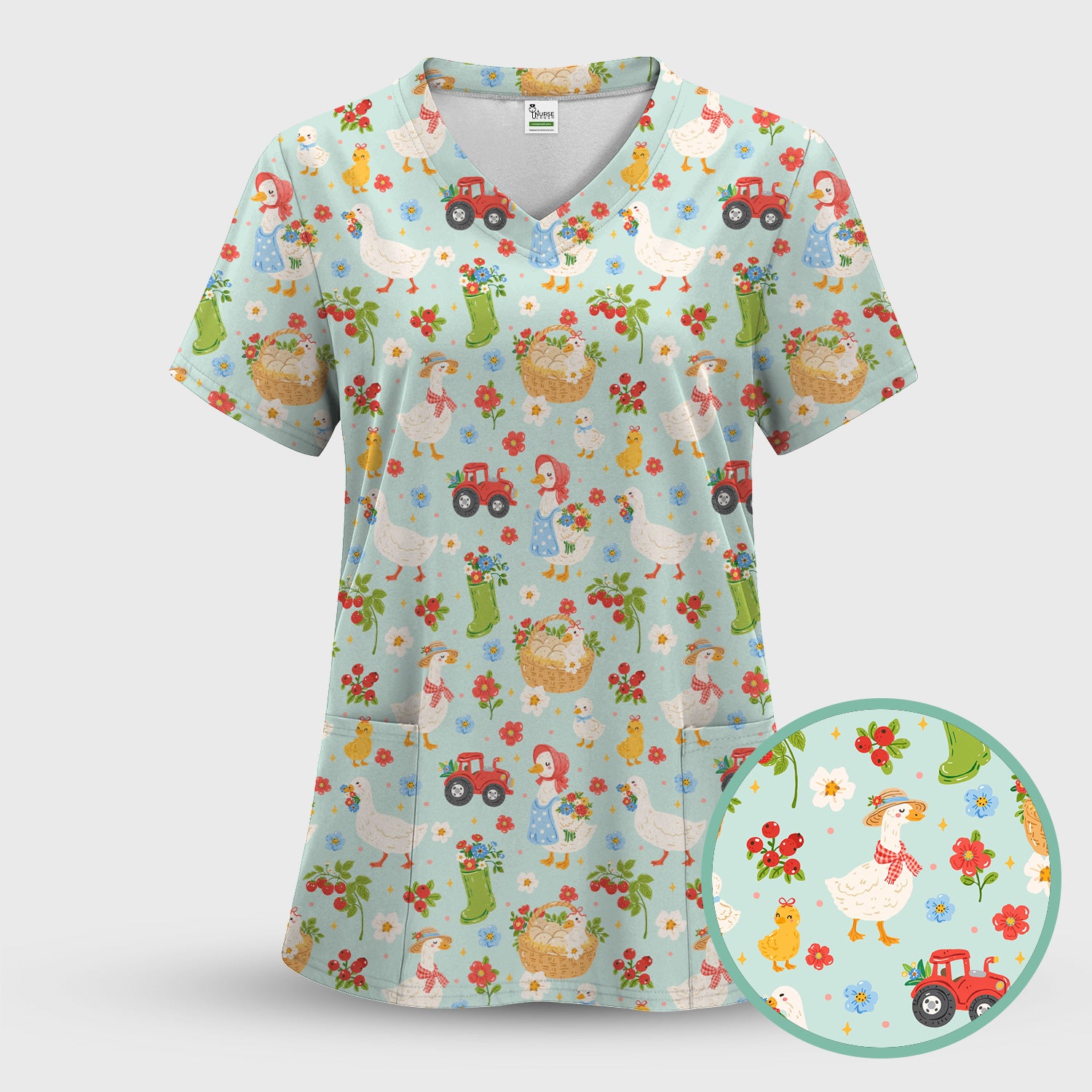 Farm Duck Chicken Tractor Flower Basket Scrub Top, Breathable Fabrics Nursing Uniform