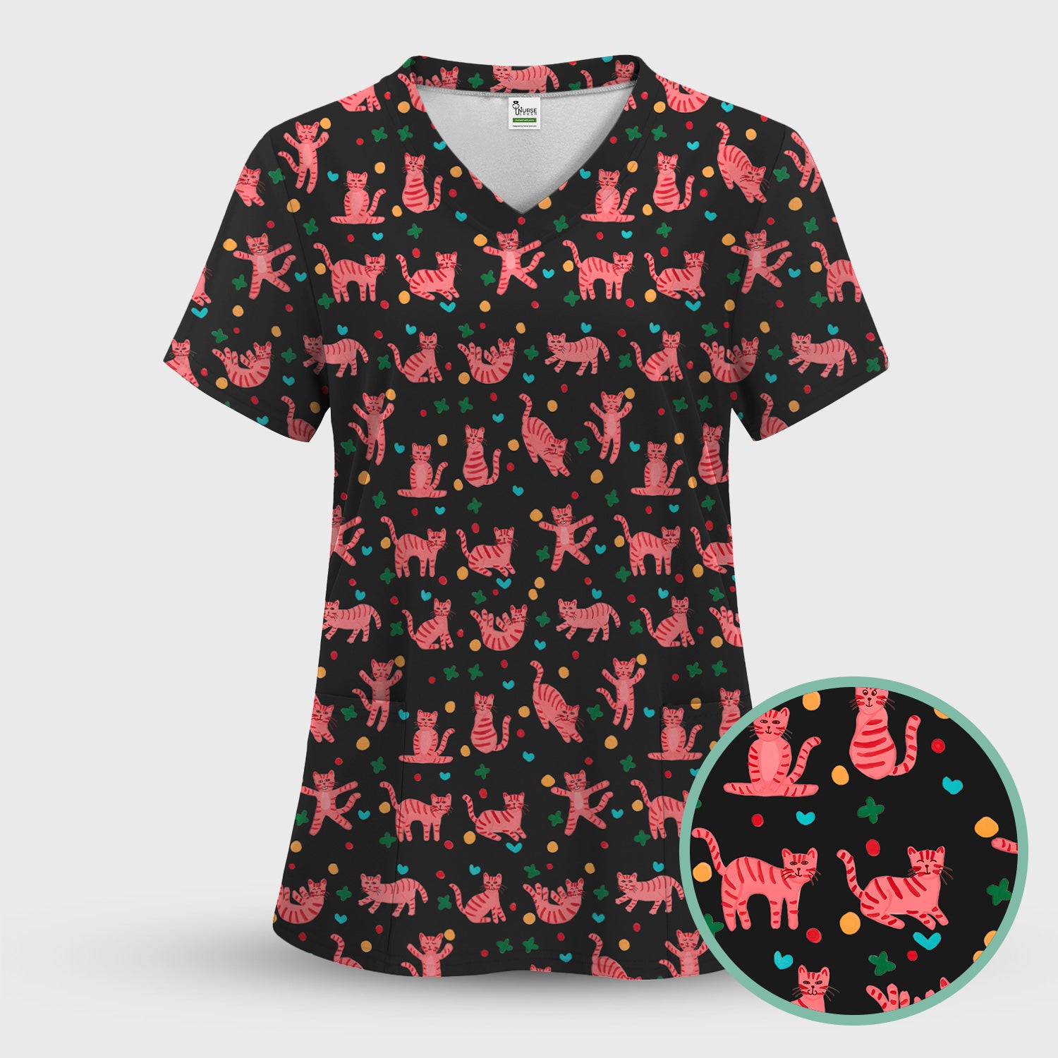 Cute Pink Cat Pattern Scrub Top, Comfortable Scrubs for Nurses