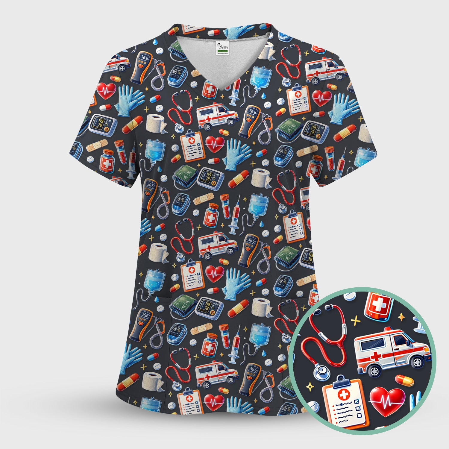 Medical Tools Pattern Ambulance Stethoscope Scrub Top, Comfortable Scrubs for Nurses