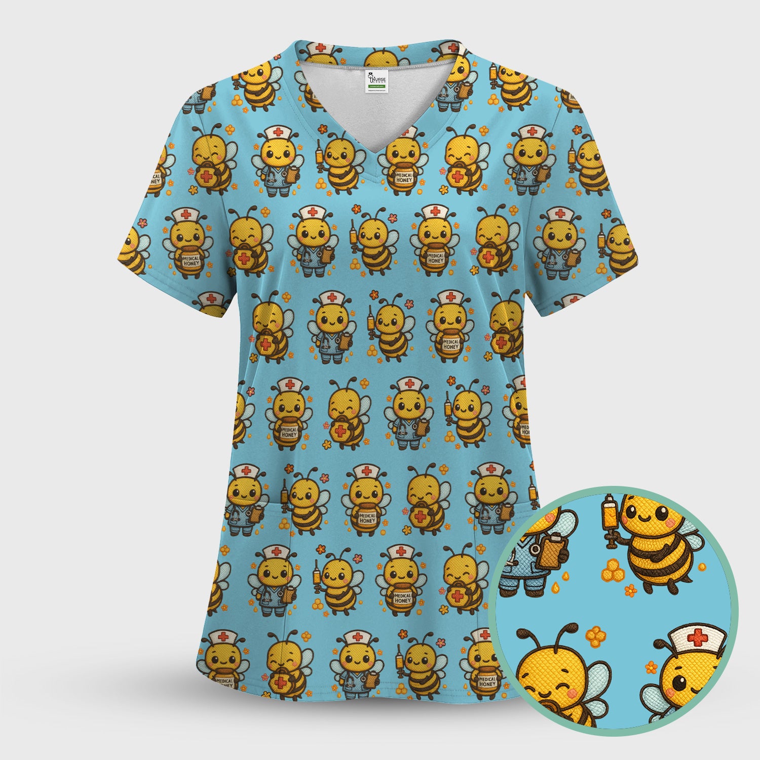 Cute Nurse Bee Scrub Top, Kawaii Medical Honey Bee Pattern Shirt for Nursing Professionals