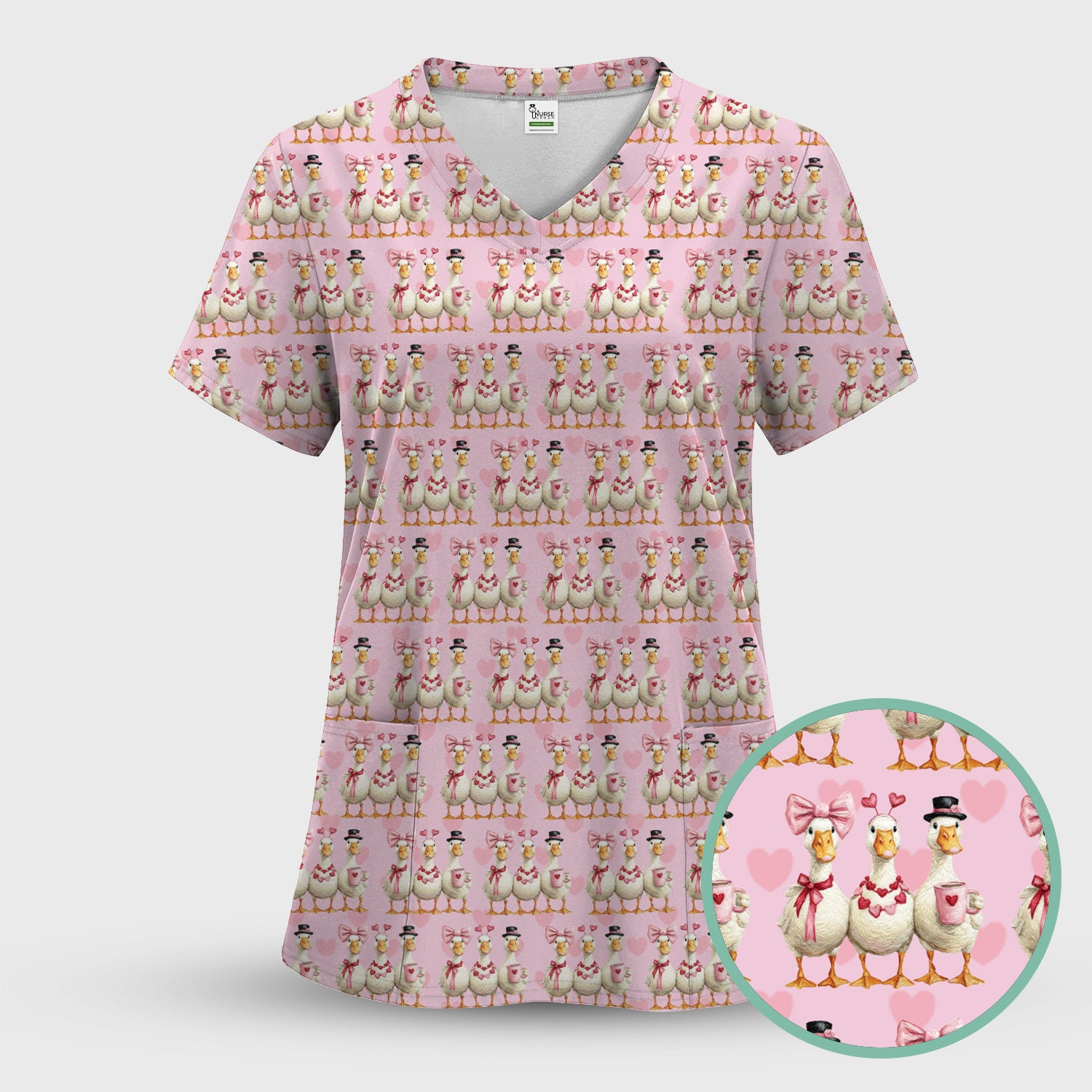 Charming Valentine Goose Heart Pink Design Scrub Top, Comfortable Scrubs for Nurses