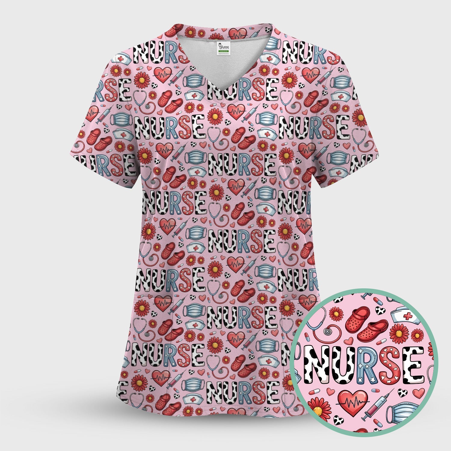 Cute Nurse Medical Icon Pattern Scrub Set, Scrub Pants and V Neck Top
