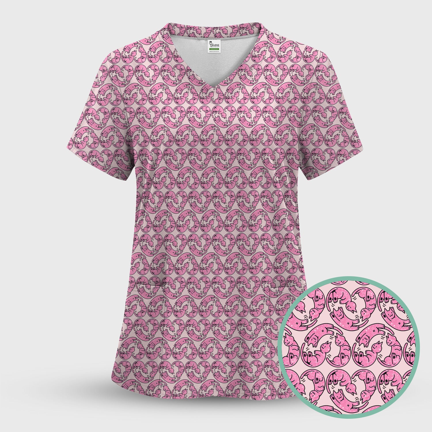 Cute Pink Cat Cartoon Pattern Scrub Top, Comfortable Scrubs for Nurses