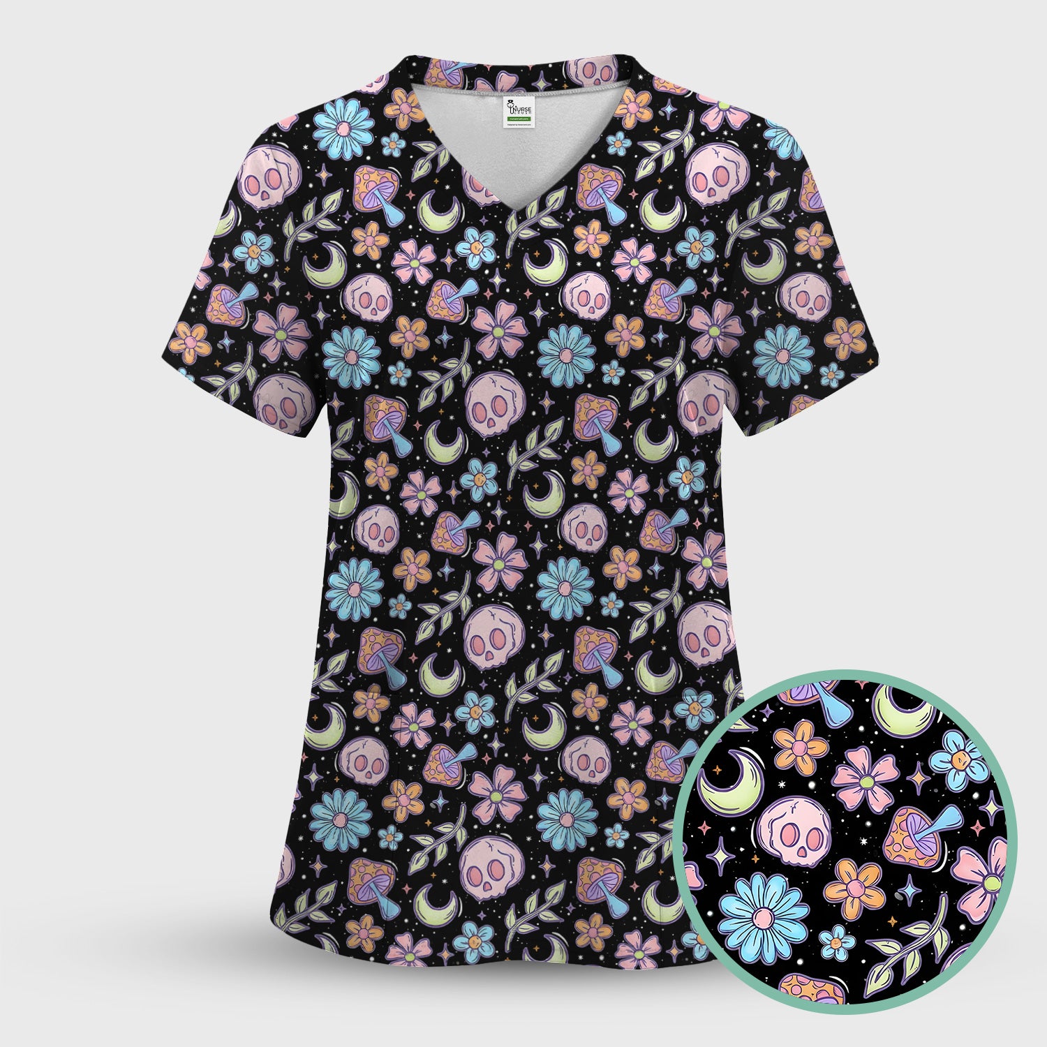 Neon Skull Mushroom Floral Scrub Top, Colorful Gothic Nurse Scrubs Uniform