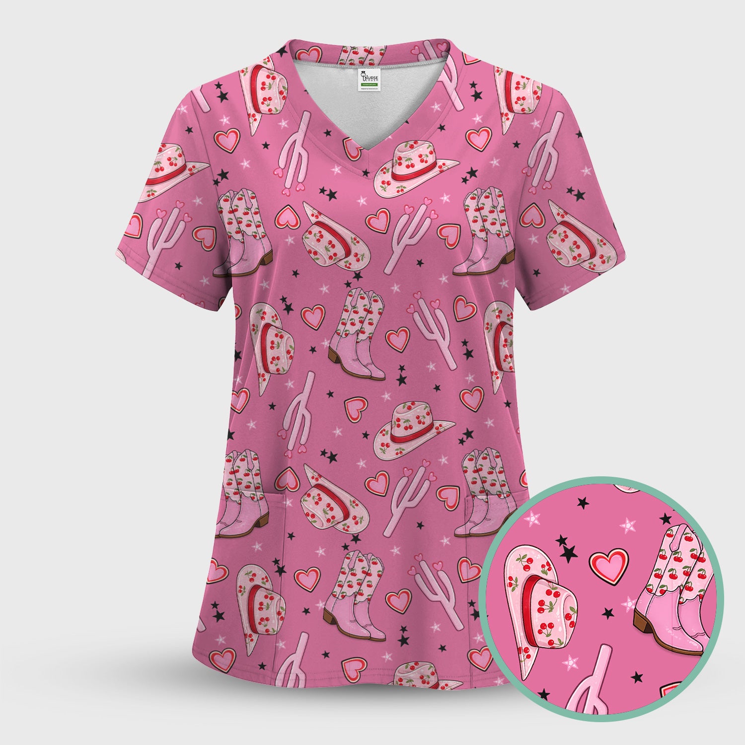 Pink Cowgirl Western Boots Hat Pattern Scrub Top, Breathable Medical Uniform Top