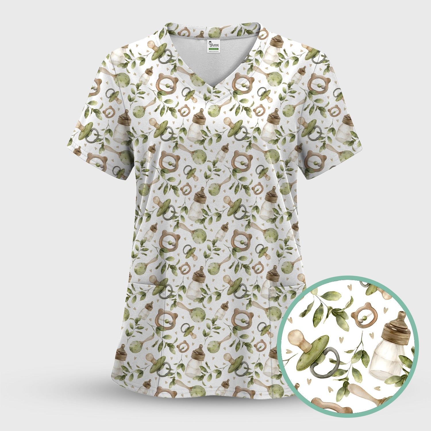 Cute Baby Bottle and Greenery Pattern Scrub Top, Breathable Fabrics Nursing Uniform