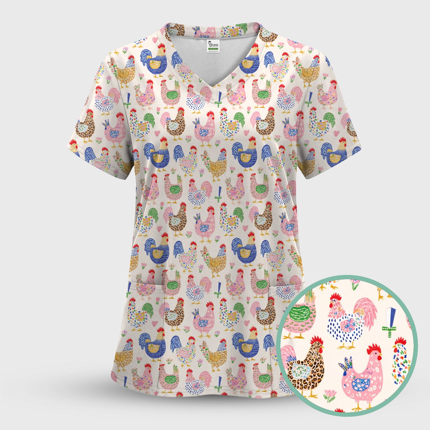 Colorful Chicken Farm Pattern Scrub Top, Breathable Fabrics Nursing Uniform