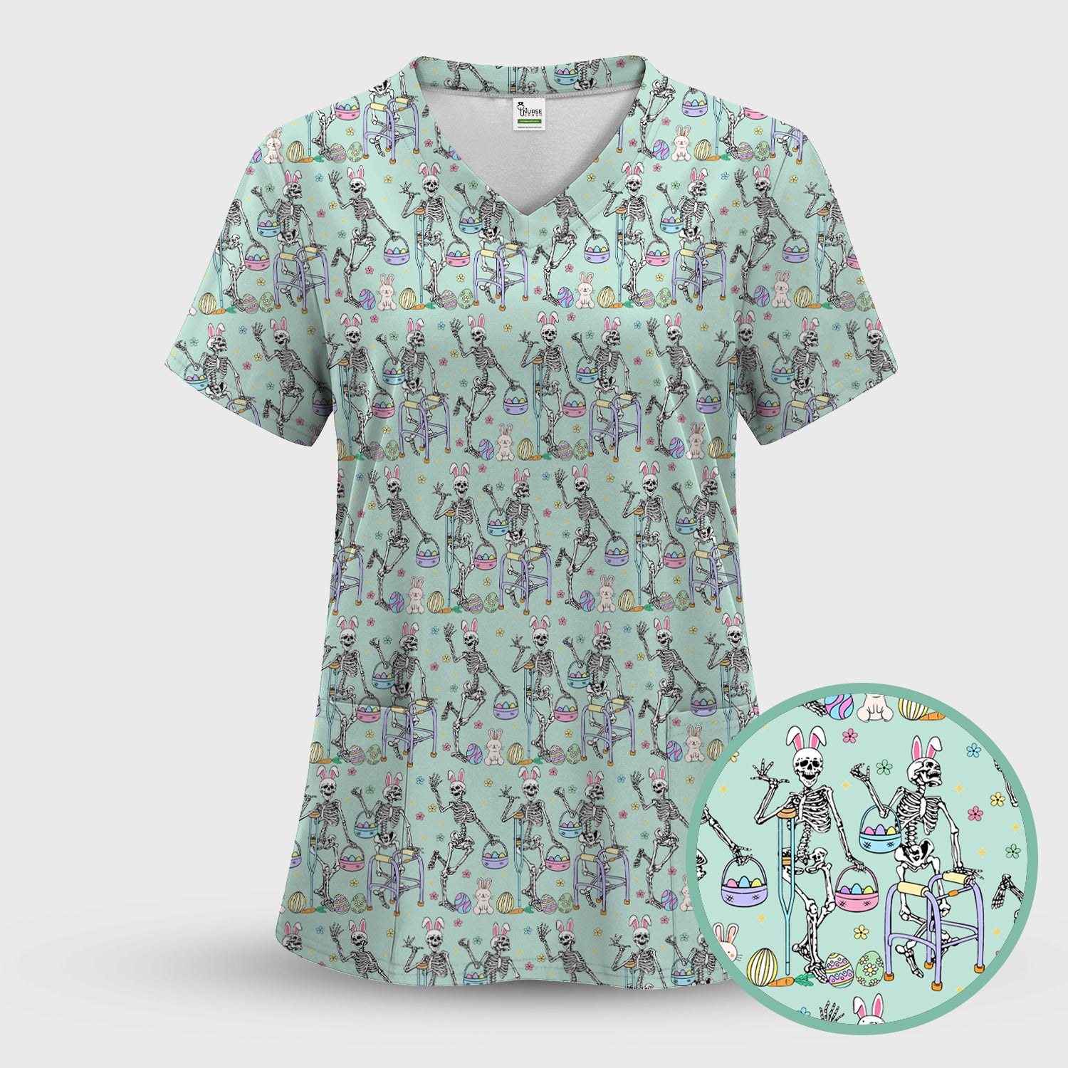 Fun Skeleton Bunny Easter Print Scrub Top, Comfortable Scrubs for Nurses