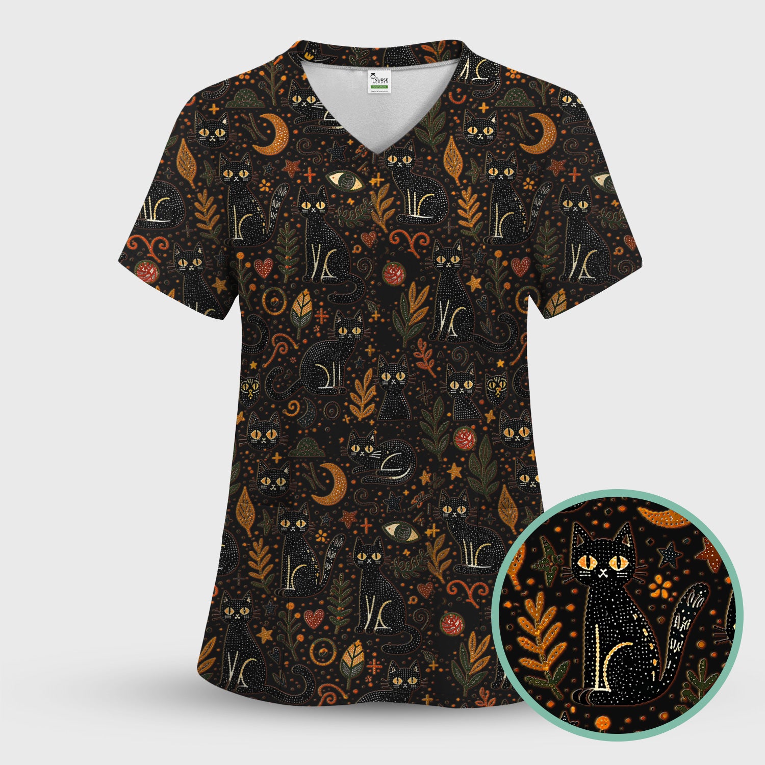 Mystic Black Cat Celestial Doodle Pattern Scrub Top, Comfortable Scrubs for Nurses