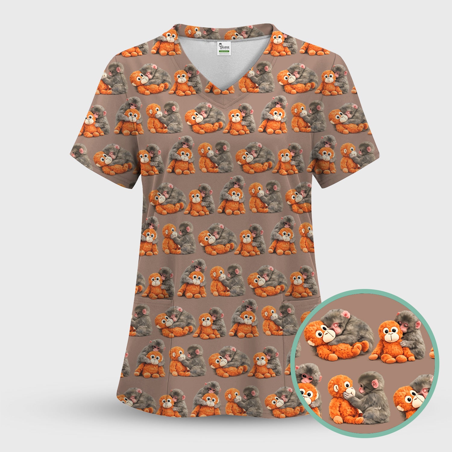 Cute Baby Monkey Plush Toy Animal Pattern Scrub Top, Breathable Medical Uniform Top