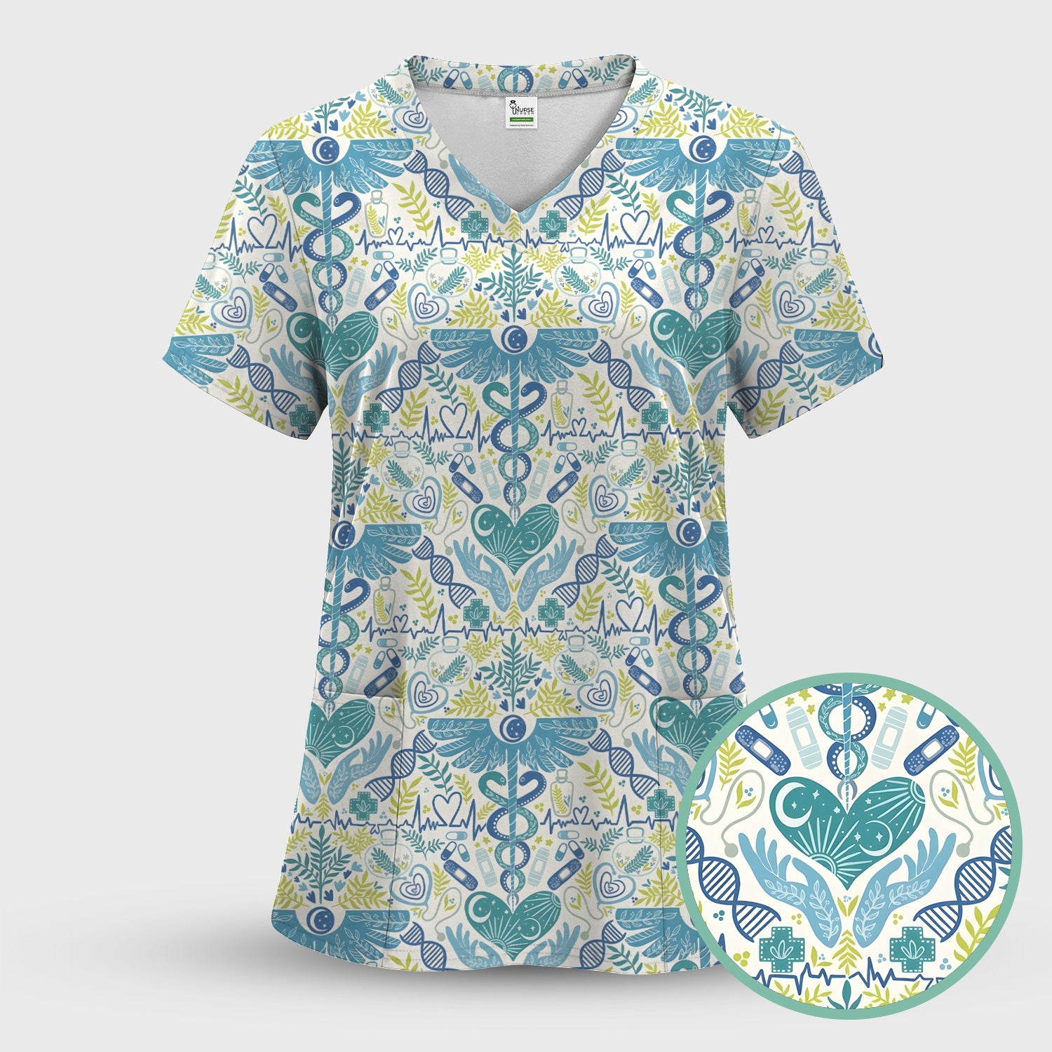 Inspirational Botanical Medical Caduceus Heart Nurse Pattern Scrub Set, Breathable Med Uniform